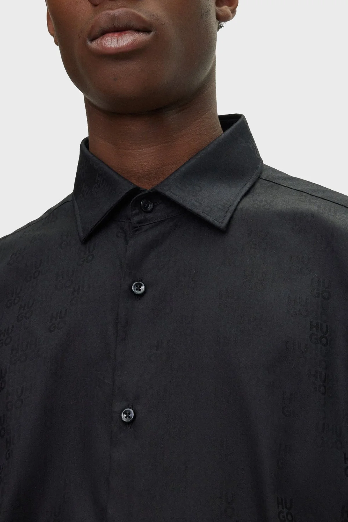 Hugo Logolu Jakarlı % 100 Pamuk Slim Fit Erkek Gömlek 50500965 001 SİYAH - 2
