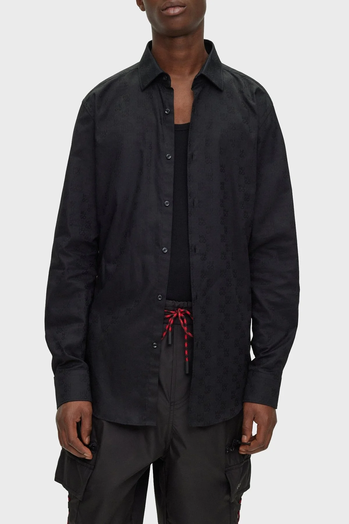 Hugo Logolu Jakarlı % 100 Pamuk Slim Fit Erkek Gömlek 50500965 001 SİYAH - 4