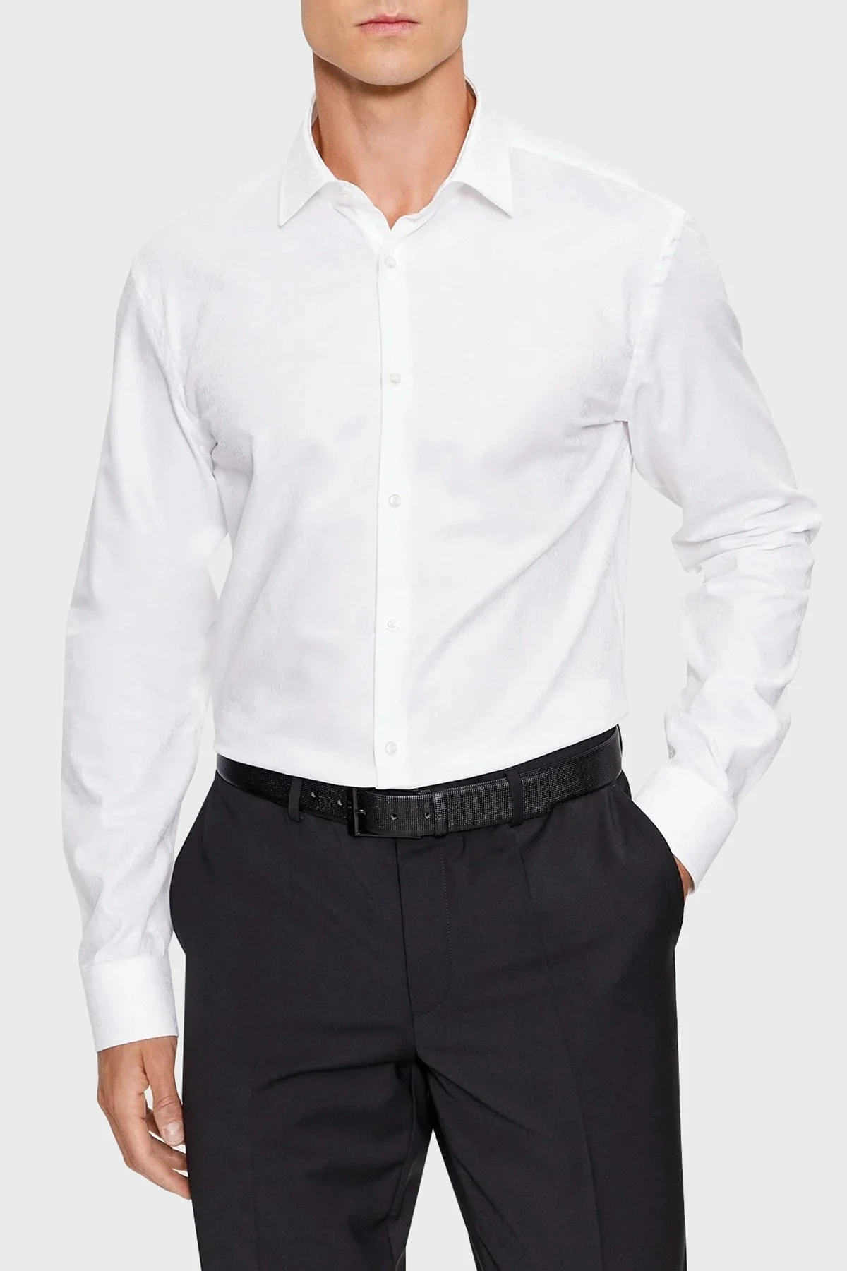 Hugo Logolu Jakarlı % 100 Pamuk Slim Fit Erkek Gömlek 50500965 199 BEYAZ - 1