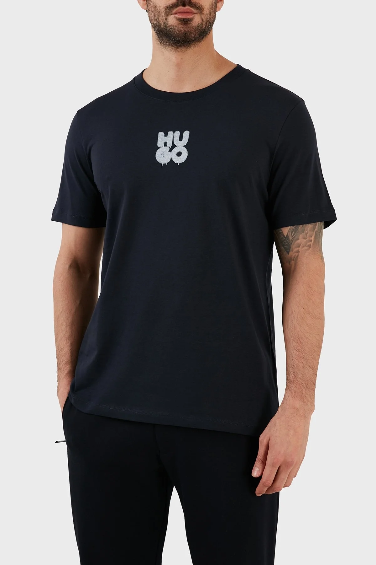 Hugo Logolu Regular Fit Bisiklet Yaka Pamuklu Jarse Erkek T Shirt 50488904 405 LACİVERT - 1