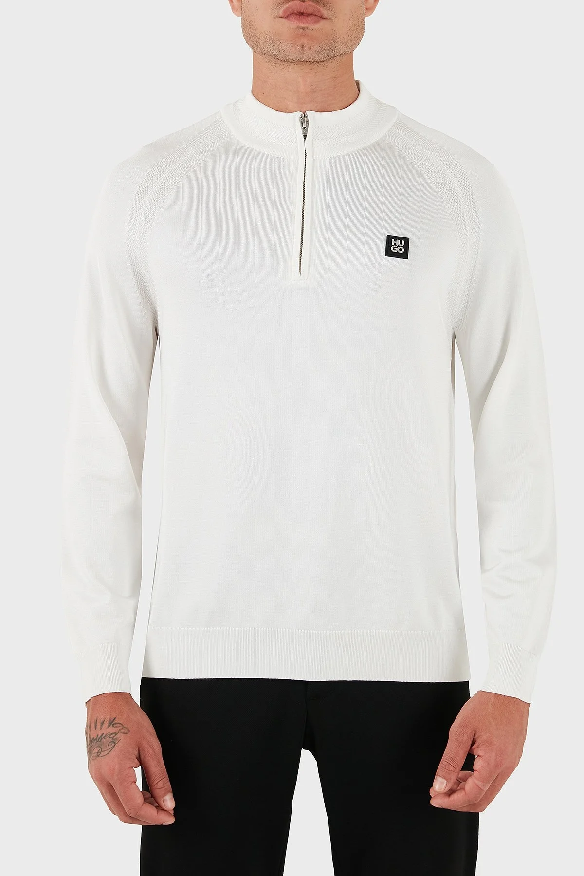 Hugo Logolu Regular Fit Yarım Fermuarlı Dik Yaka Erkek Kazak 50543786 102 BEYAZ - 1