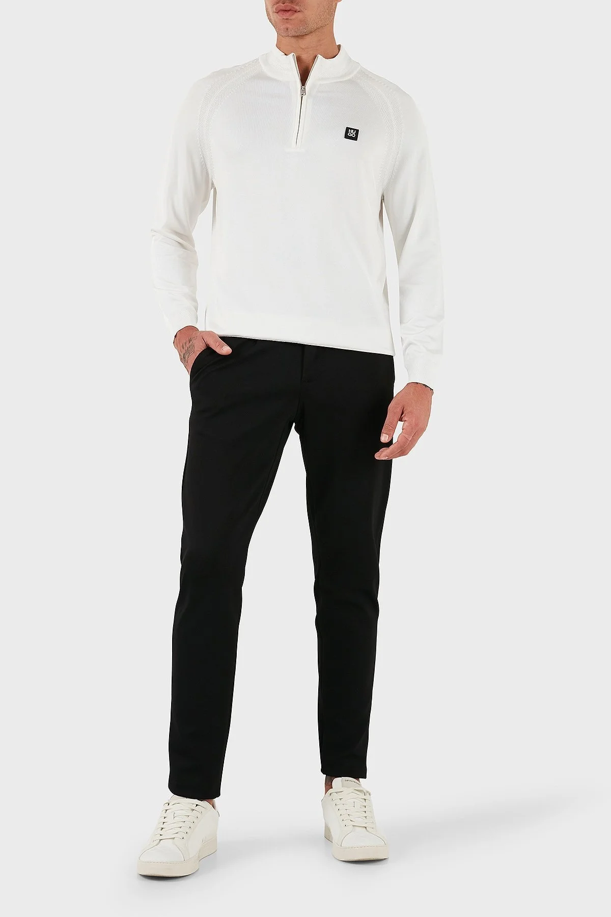 Hugo Logolu Regular Fit Yarım Fermuarlı Dik Yaka Erkek Kazak 50543786 102 BEYAZ - 2