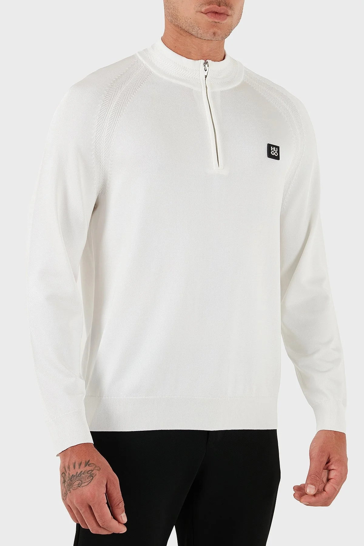 Hugo Logolu Regular Fit Yarım Fermuarlı Dik Yaka Erkek Kazak 50543786 102 BEYAZ - 4