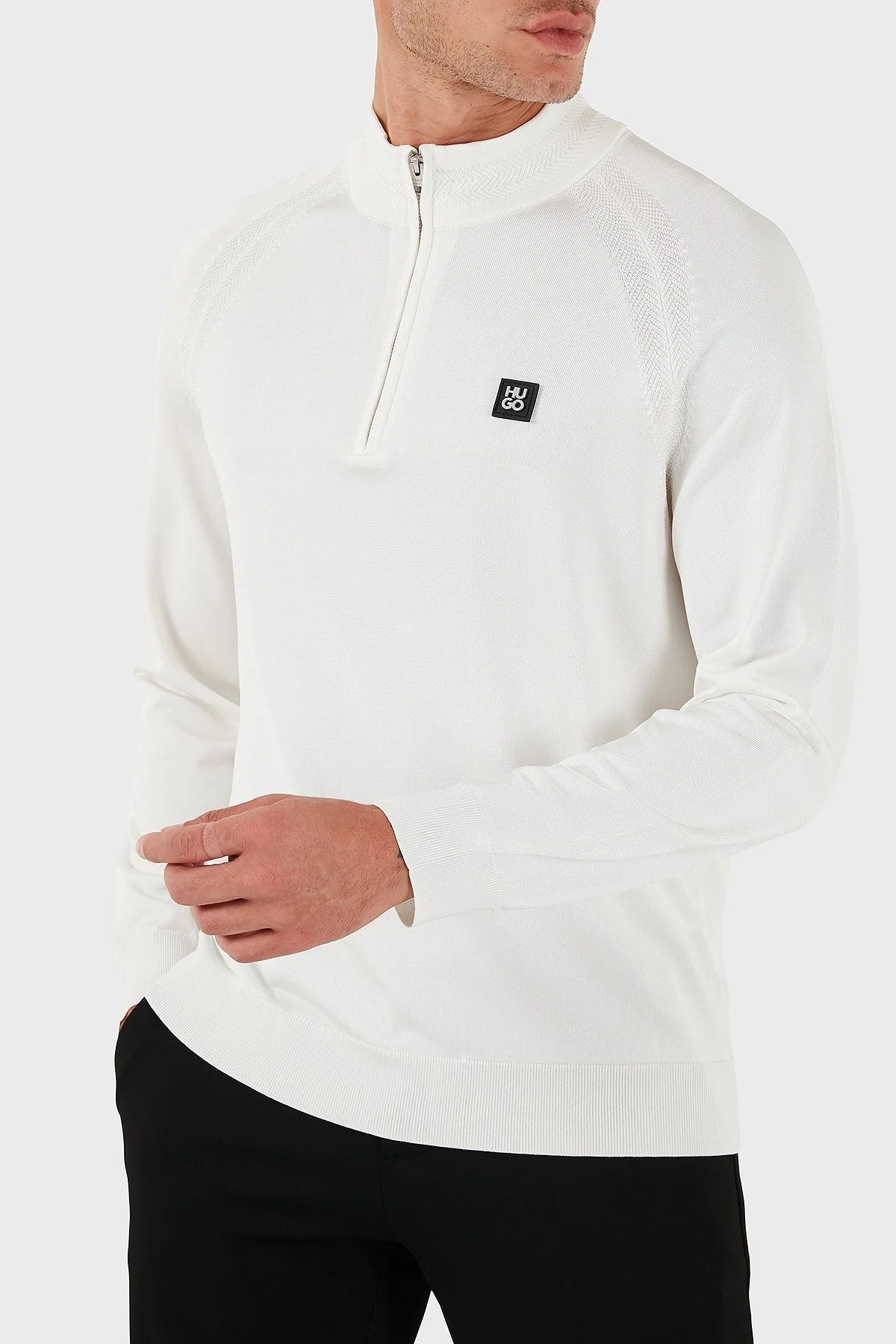 Hugo Logolu Regular Fit Yarım Fermuarlı Dik Yaka Erkek Kazak 50543786 102 BEYAZ - 5
