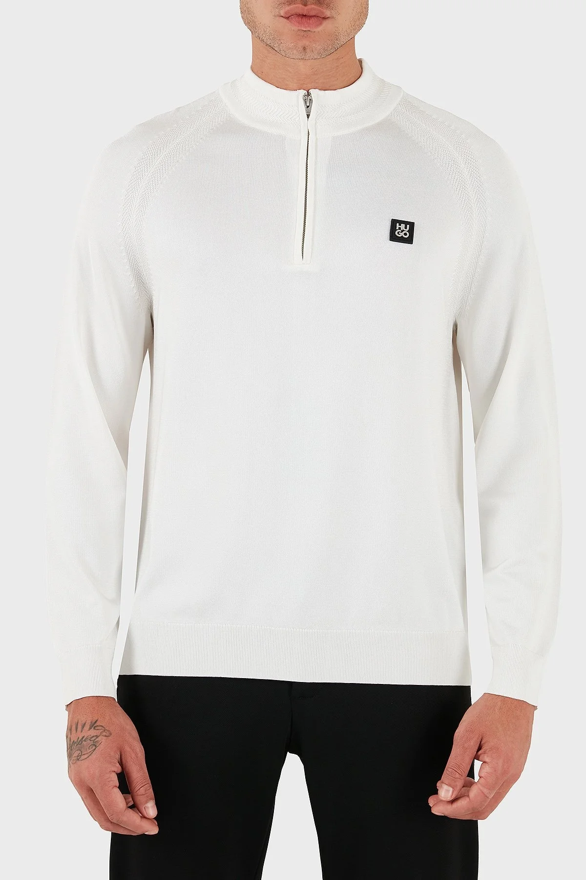 Hugo Logolu Regular Fit Yarım Fermuarlı Dik Yaka Erkek Kazak 50543786 102 BEYAZ - 6