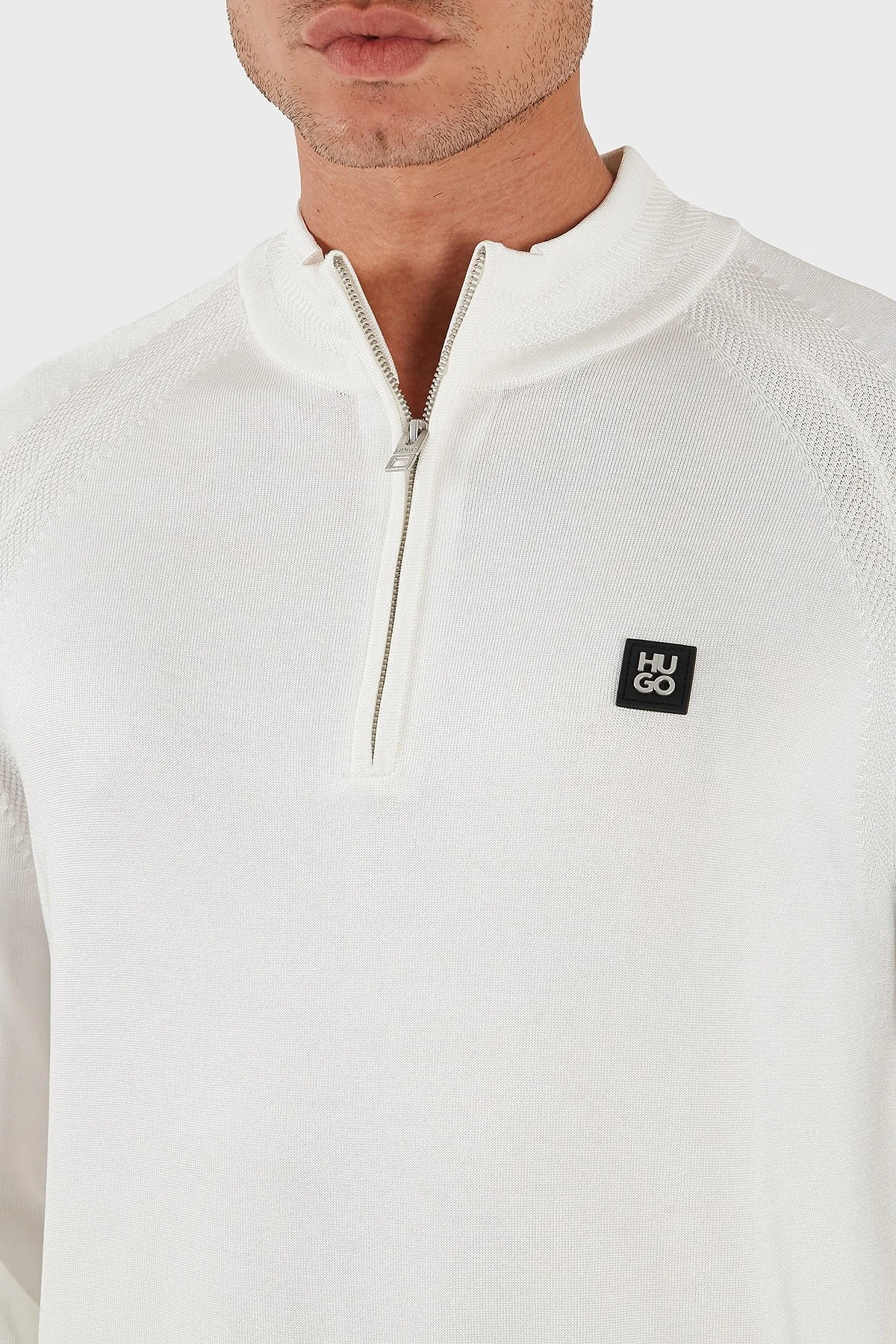 Hugo Logolu Regular Fit Yarım Fermuarlı Dik Yaka Erkek Kazak 50543786 102 BEYAZ - 7