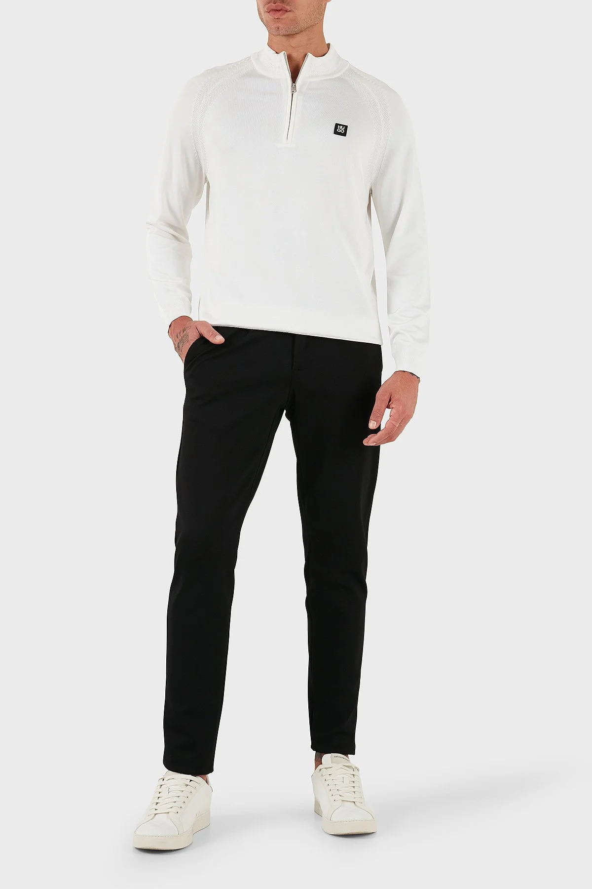 Hugo Logolu Regular Fit Yarım Fermuarlı Dik Yaka Erkek Kazak 50543786 102 BEYAZ - 2