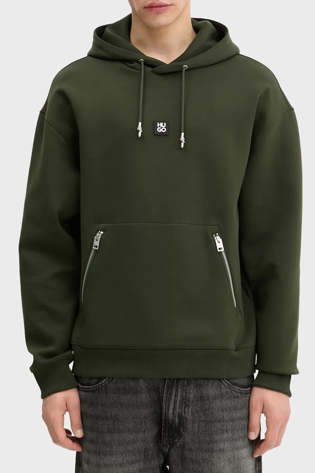 Hugo Logolu Streç Pamuklu Relaxed Fit Kapüşonlu Erkek Sweat 50542583 309 KOYU YEŞİL - 1