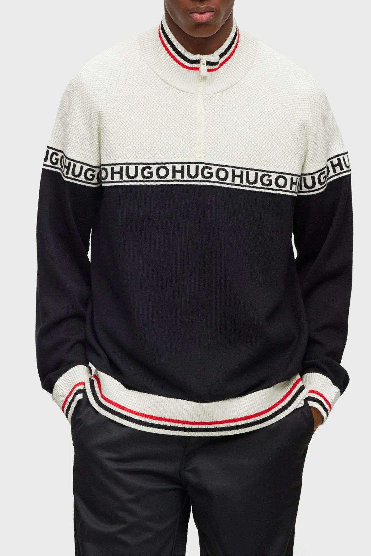 Hugo Pamuk ve İpek Karışımlı Regular Fit Yarım Fermuarlı Dik Yaka Erkek Kazak 50492800 333 SİYAH-EKRU - 1