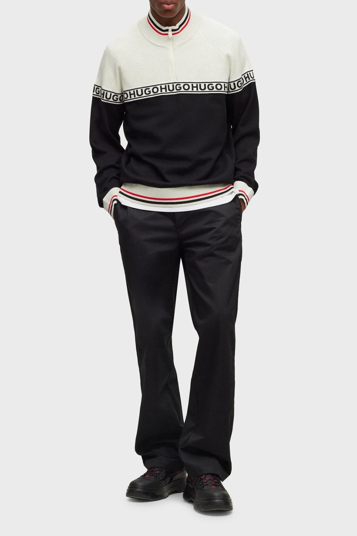 Hugo Pamuk ve İpek Karışımlı Regular Fit Yarım Fermuarlı Dik Yaka Erkek Kazak 50492800 333 SİYAH-EKRU - 3