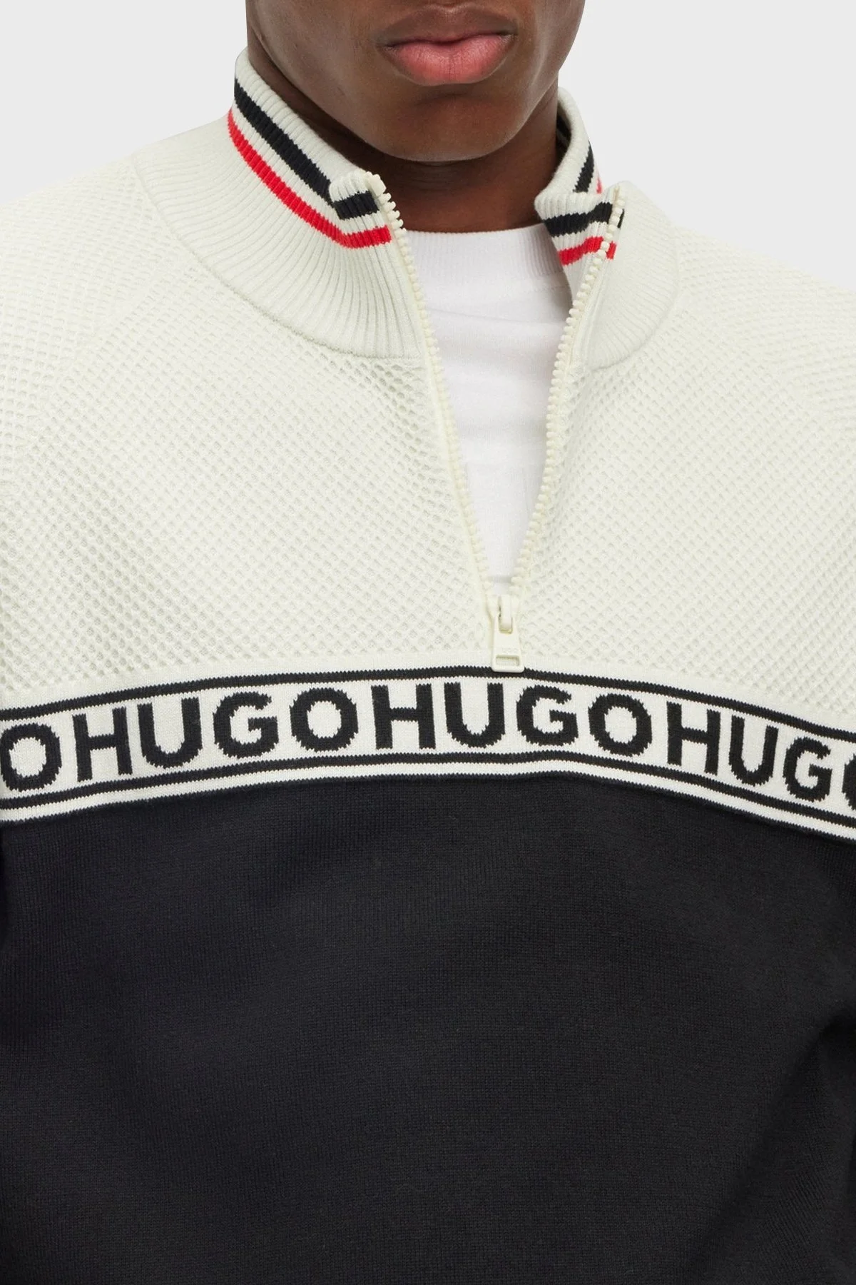 Hugo Pamuk ve İpek Karışımlı Regular Fit Yarım Fermuarlı Dik Yaka Erkek Kazak 50492800 333 SİYAH-EKRU - 4