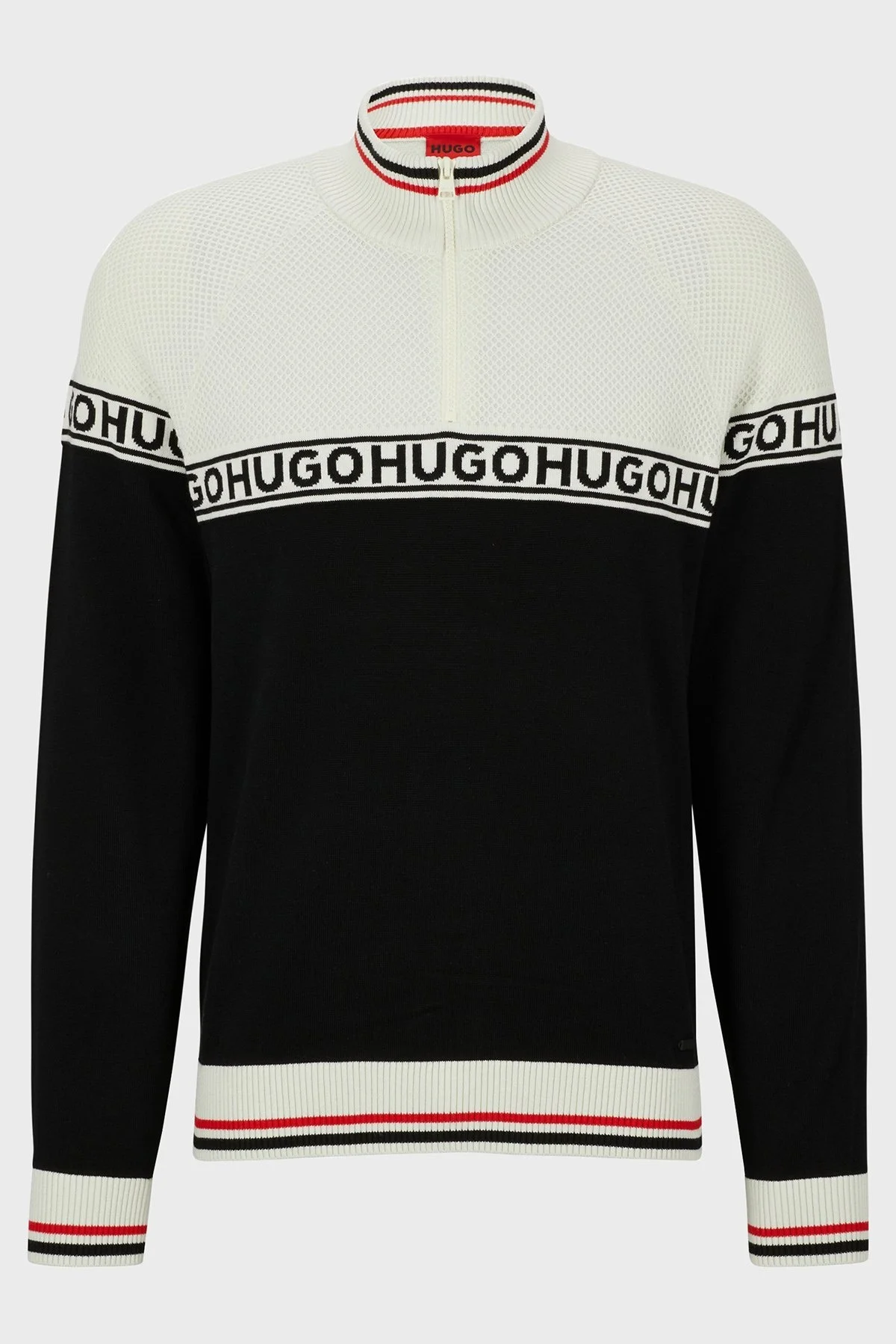 Hugo Pamuk ve İpek Karışımlı Regular Fit Yarım Fermuarlı Dik Yaka Erkek Kazak 50492800 333 SİYAH-EKRU - 5