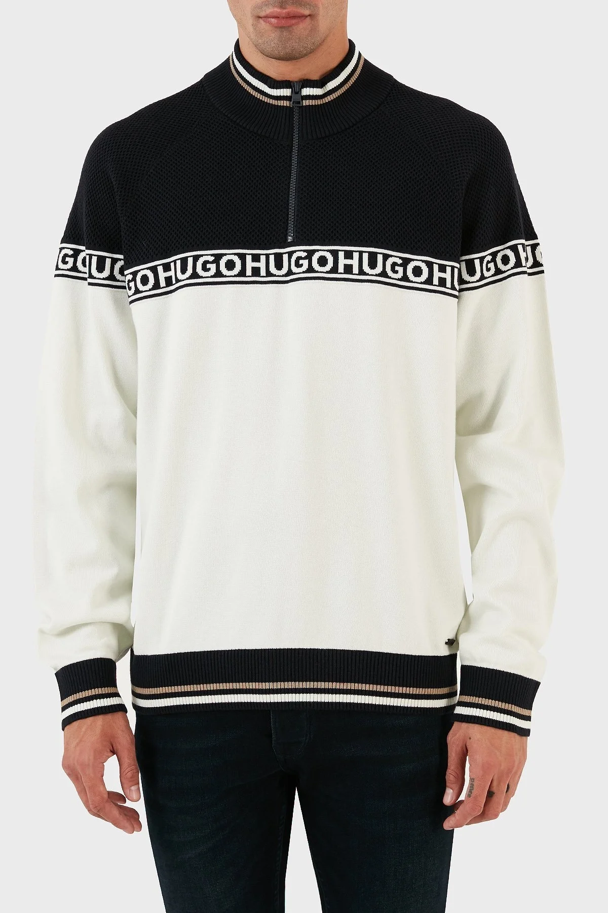 Hugo Pamuk ve İpek Karışımlı Regular Fit Yarım Fermuarlı Dik Yaka Erkek Kazak 50492800 410 LACİVERT - 1