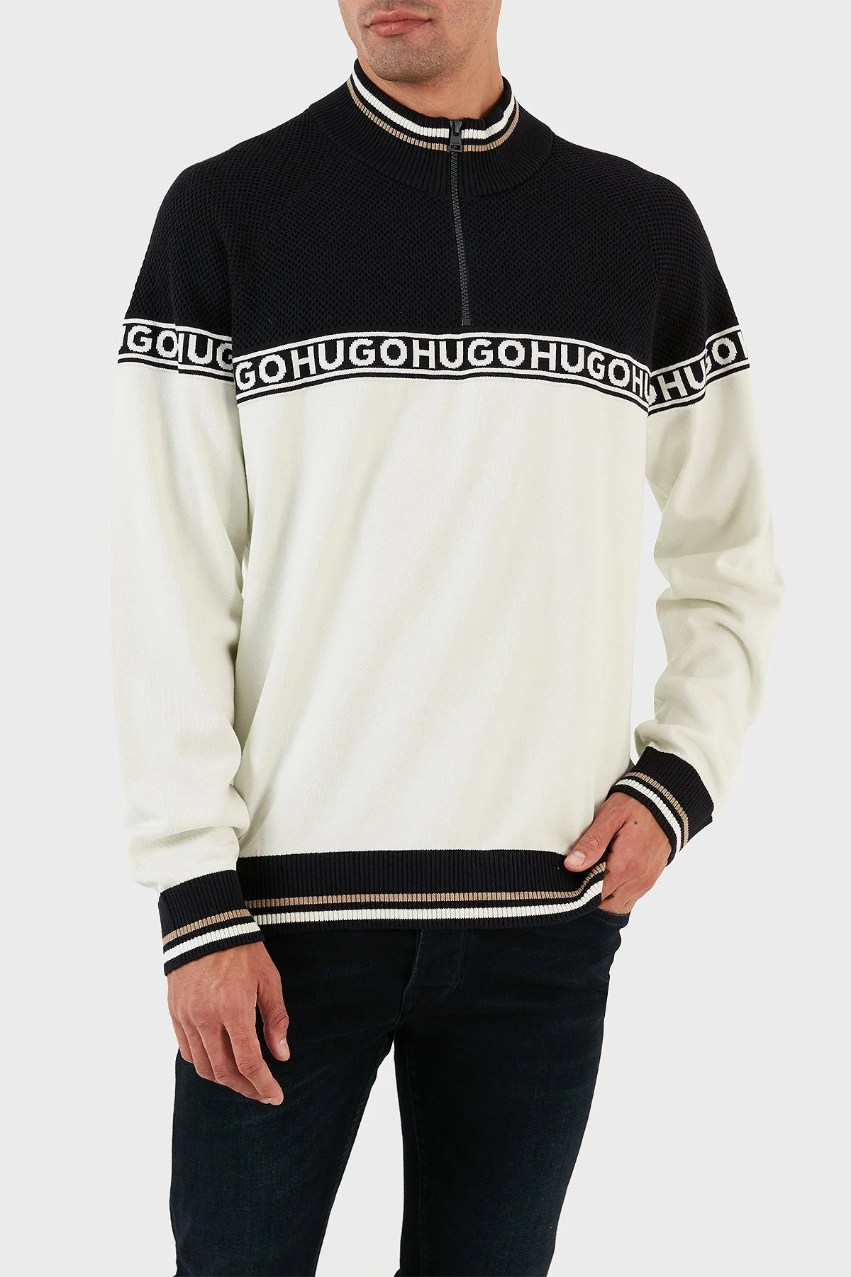 Hugo Pamuk ve İpek Karışımlı Regular Fit Yarım Fermuarlı Dik Yaka Erkek Kazak 50492800 410 LACİVERT - 3