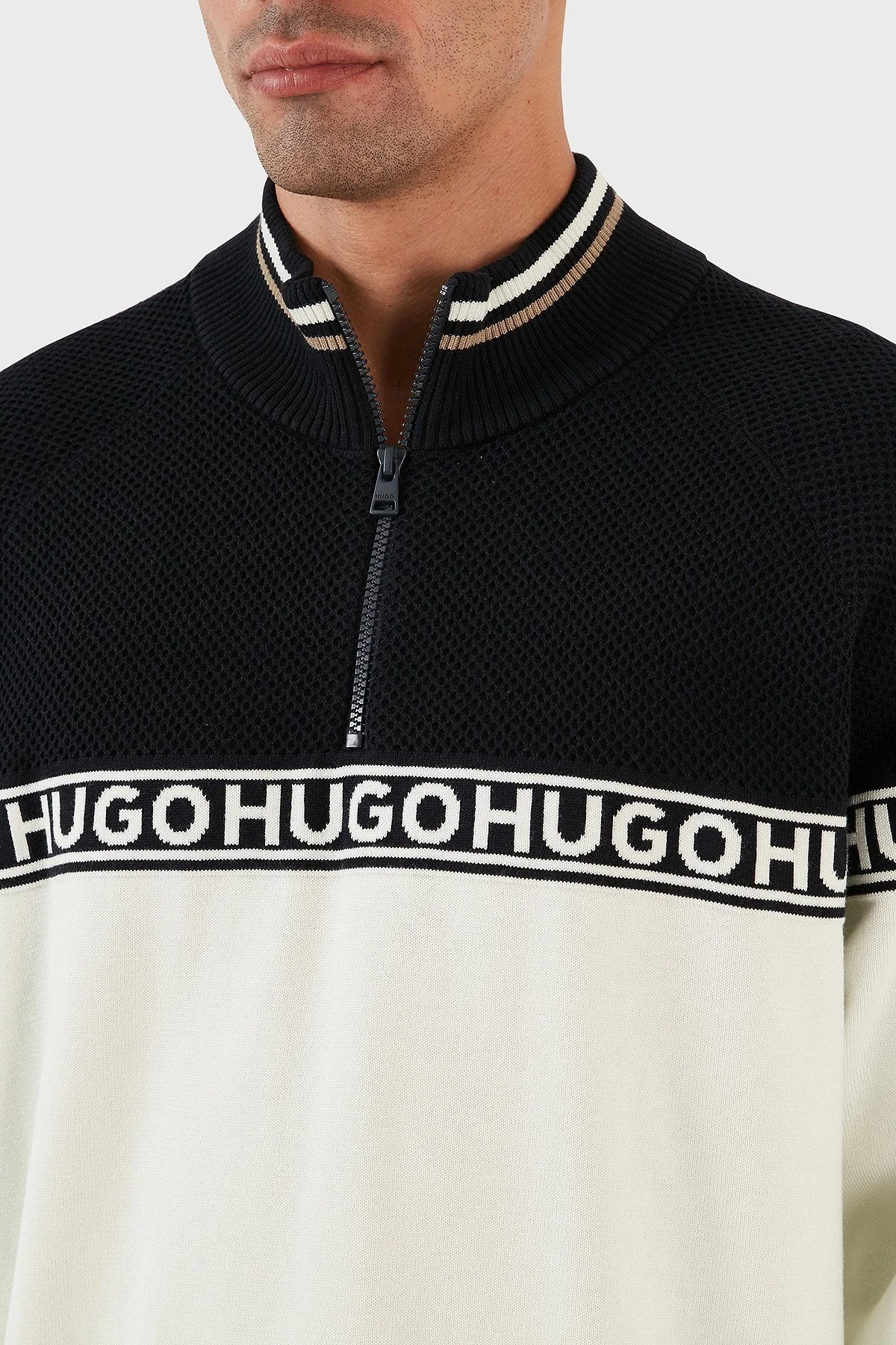 Hugo Pamuk ve İpek Karışımlı Regular Fit Yarım Fermuarlı Dik Yaka Erkek Kazak 50492800 410 LACİVERT - 4