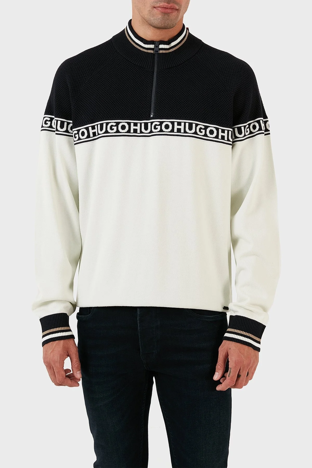 Hugo Pamuk ve İpek Karışımlı Regular Fit Yarım Fermuarlı Dik Yaka Erkek Kazak 50492800 410 LACİVERT - 5