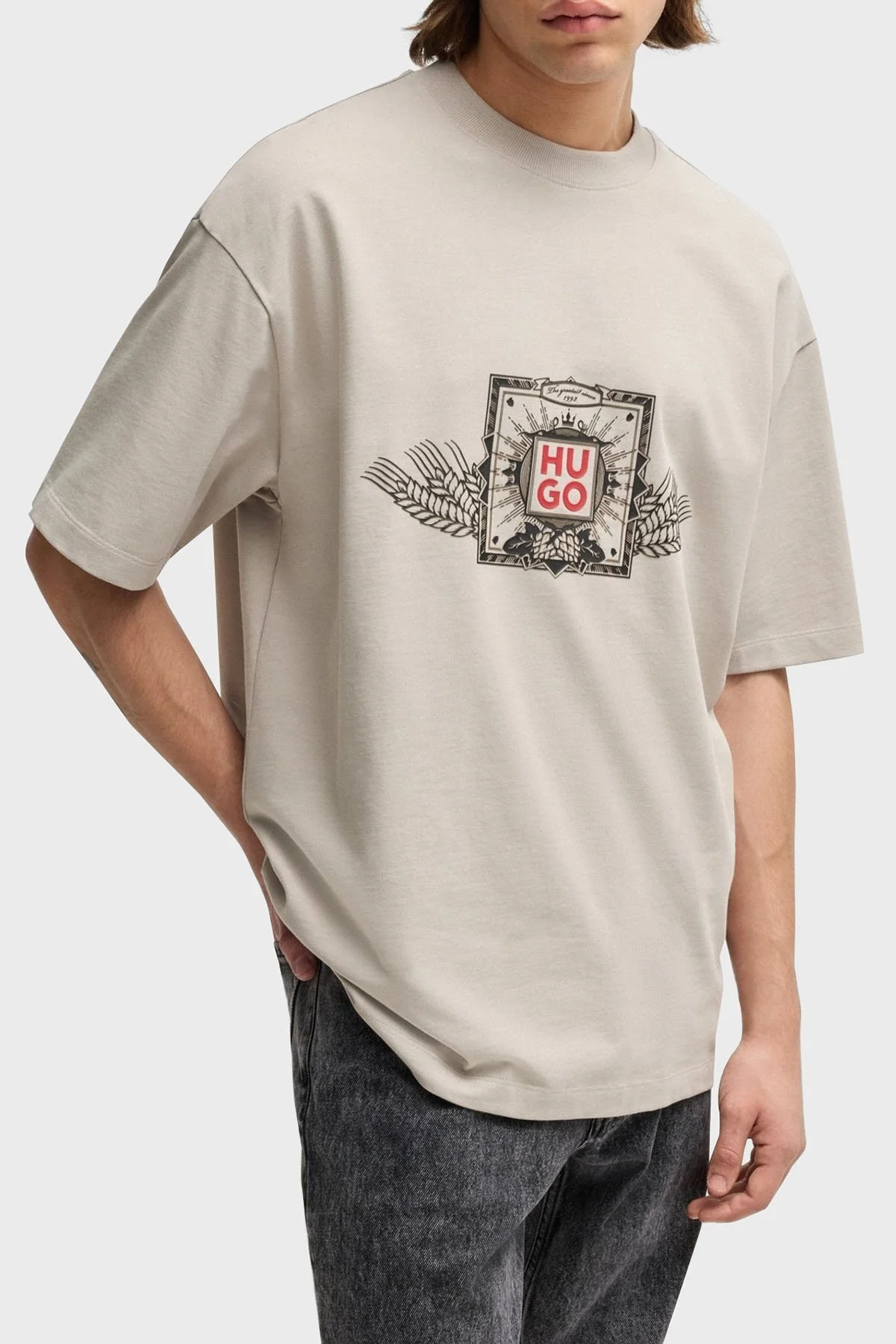 Hugo Pamuklu Oversize Fit Bisiklet Yaka Erkek T Shirt 50513830 055 GRİ - 1