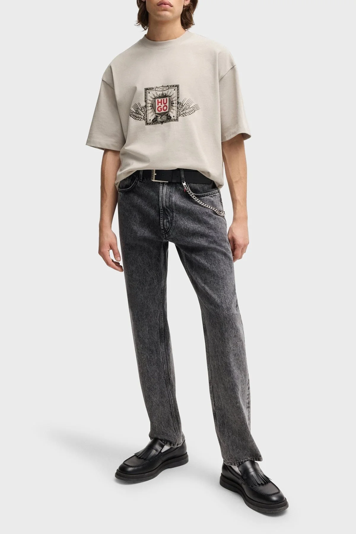 Hugo Pamuklu Oversize Fit Bisiklet Yaka Erkek T Shirt 50513830 055 GRİ - 3