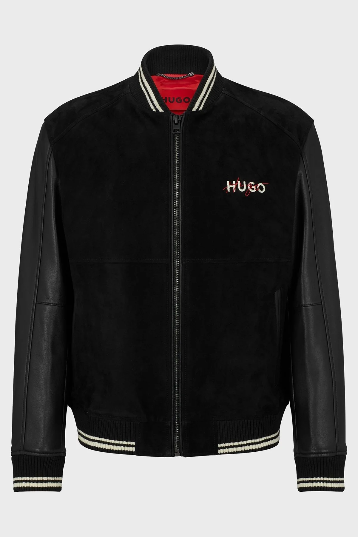 Hugo Regular Fit Kolları Deri Olan Süet Kolej Tarzı Bomber Erkek Ceket 50493382 001 SİYAH - 12