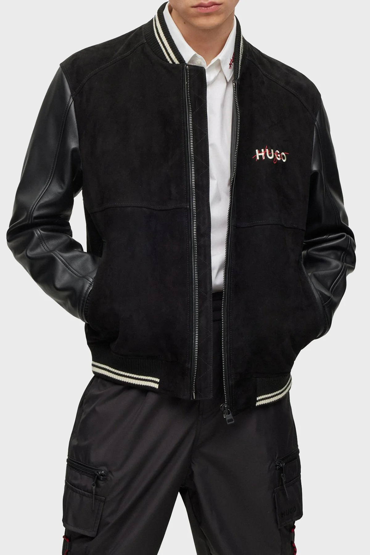 Hugo Regular Fit Kolları Deri Olan Süet Kolej Tarzı Bomber Erkek Ceket 50493382 001 SİYAH - 1