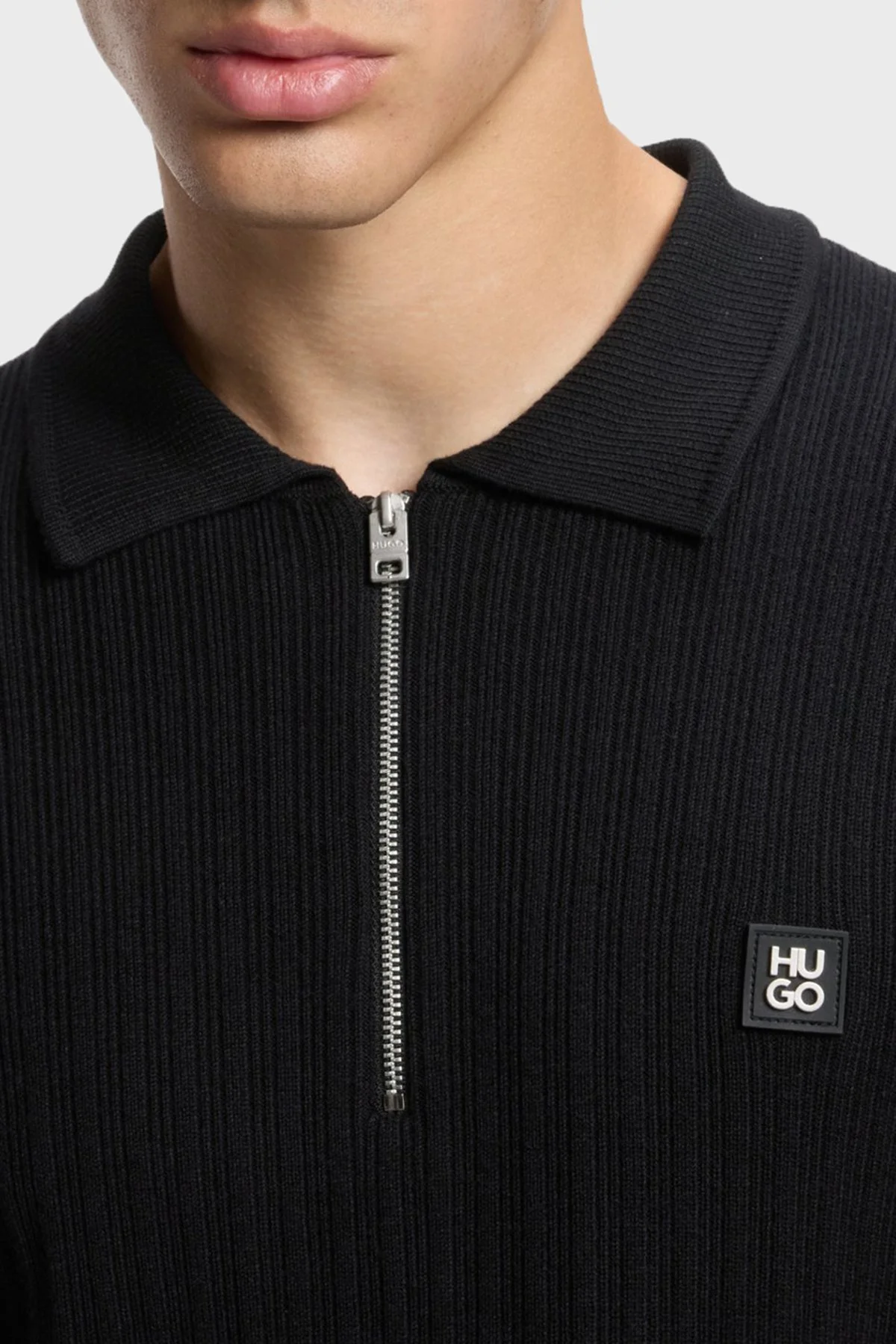 Hugo Slim Fit Fermuarlı Dik Yaka Yarım Fermuarlı Fitilli Triko Erkek Kazak 50570380 001 Siyah - 4