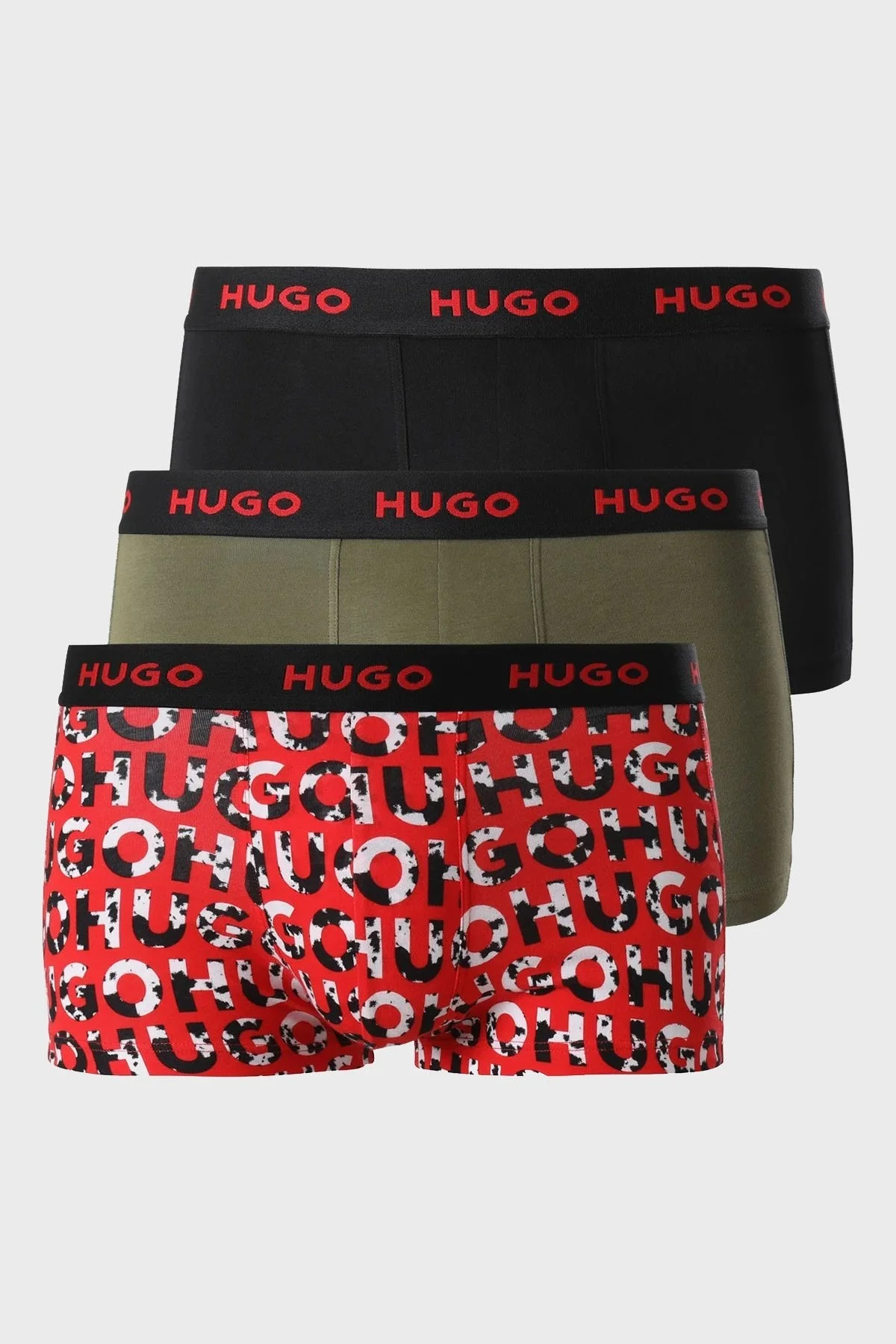 Hugo Streç Pamuklu 3 Pack Erkek Boxer 50480170 306 Siyah-Kırmızı-Haki - 1