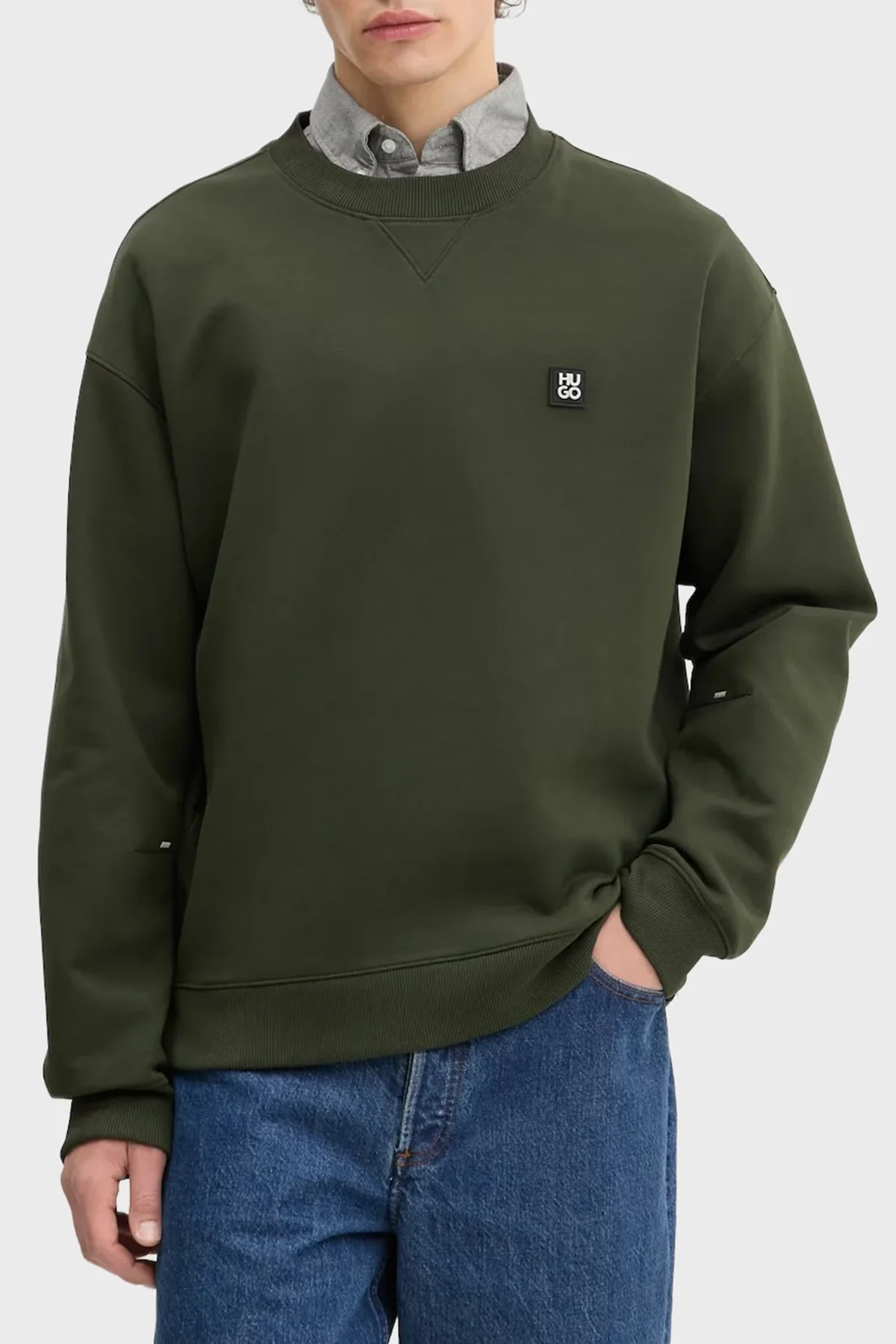 Hugo Streç Pamuklu Relaxed Fit Yırtmaçlı Yuvarlak Yaka Erkek Sweat 50542593 309 KOYU YEŞİL - 1