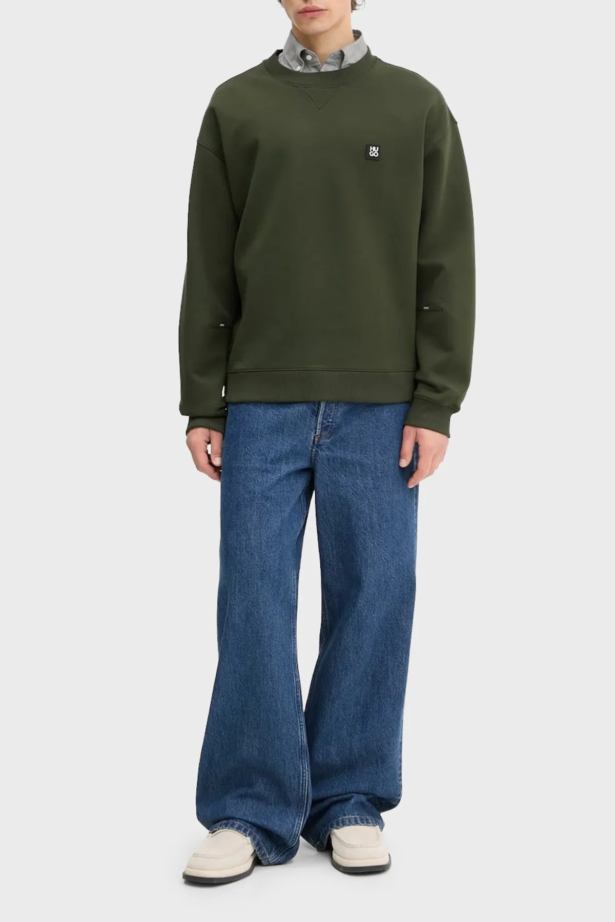 Hugo Streç Pamuklu Relaxed Fit Yırtmaçlı Yuvarlak Yaka Erkek Sweat 50542593 309 KOYU YEŞİL - 2