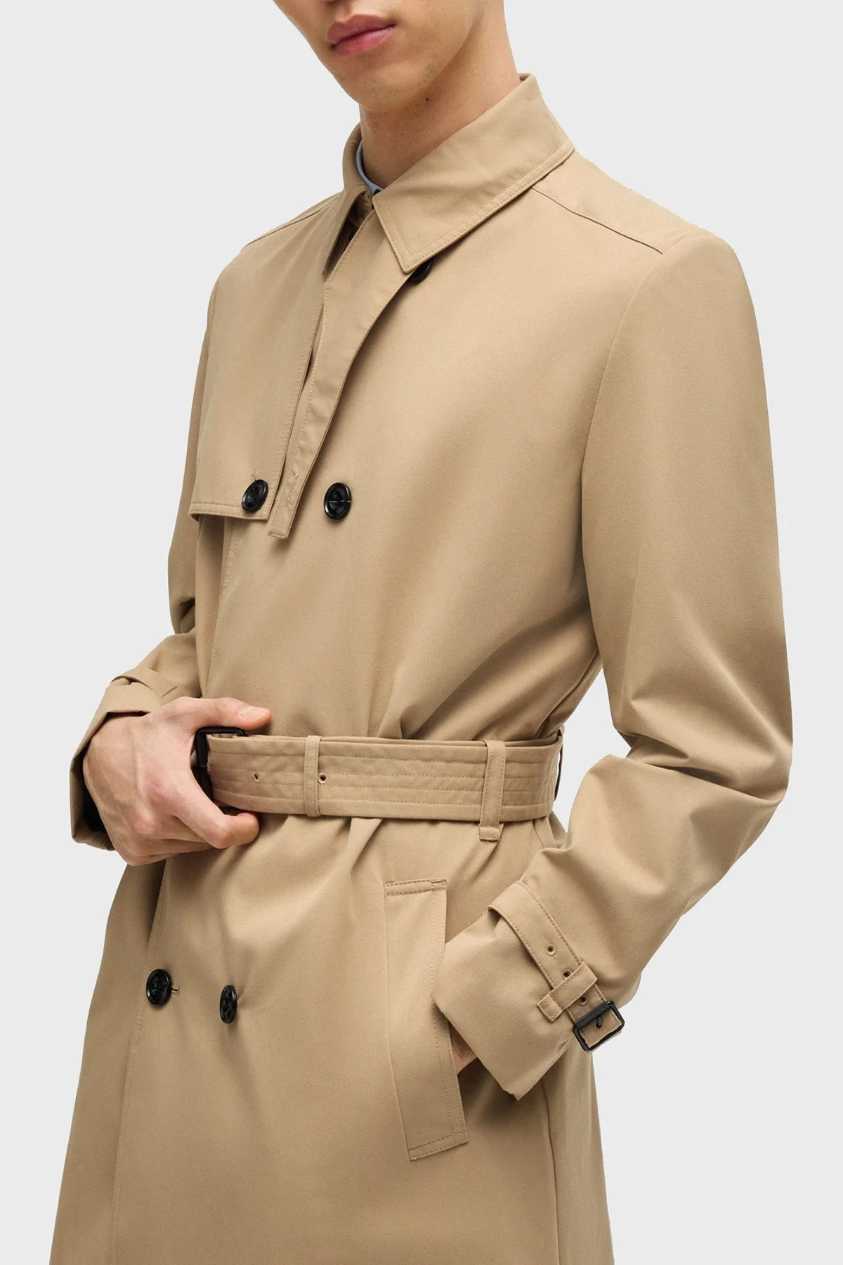 Hugo Su İtici Pamuklu Kemerli Apaş Yaka Yırtmaçlı Erkek Trençkot 50535072 269 BEJ - 4