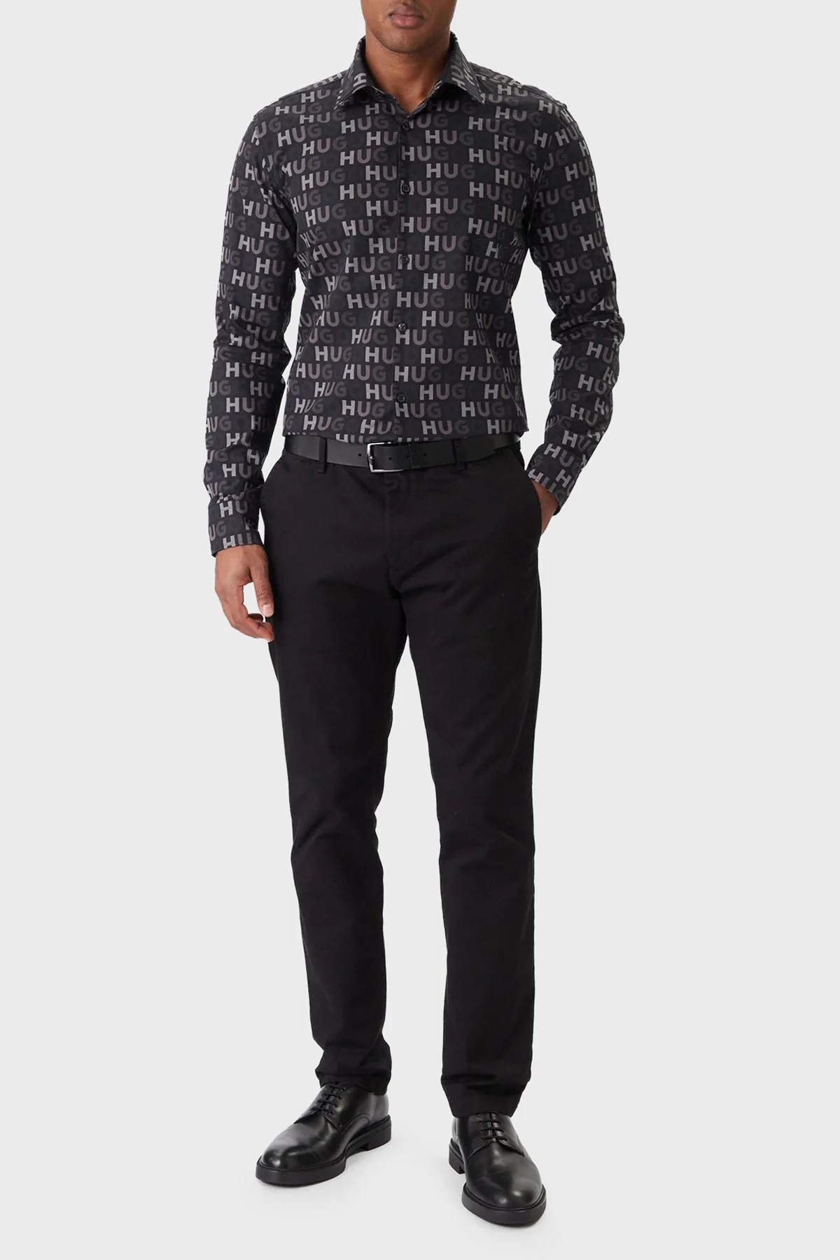 Hugo Tamamı Logolu % 100 Pamuk Uzun Kollu Erkek Gömlek 50555775 001 SİYAH - 2