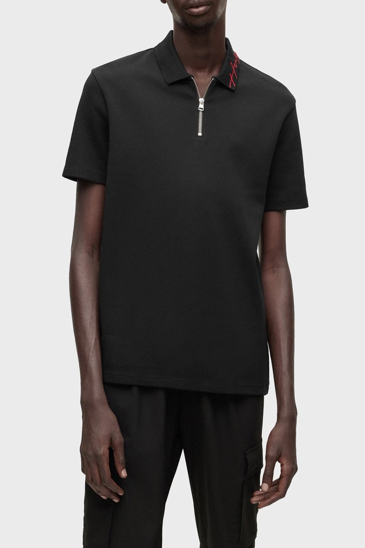 Hugo Yazılı Fermuarlı İnterlok Pamuklu Erkek Polo T Shirt 50483415 001 SİYAH - 1