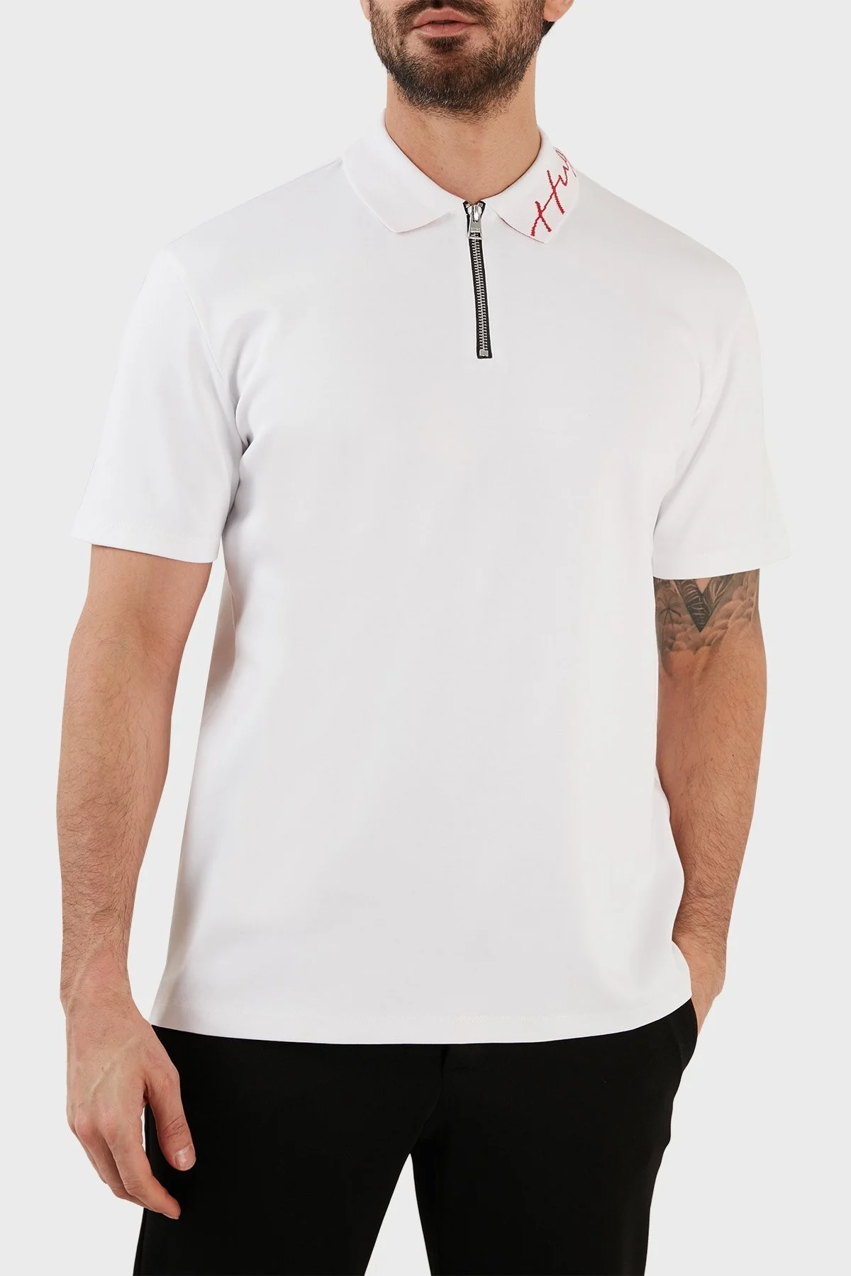 Hugo Yazılı İnterlok Pamuklu Fermuarlı Erkek Polo T Shirt 50483415 100 BEYAZ - 1
