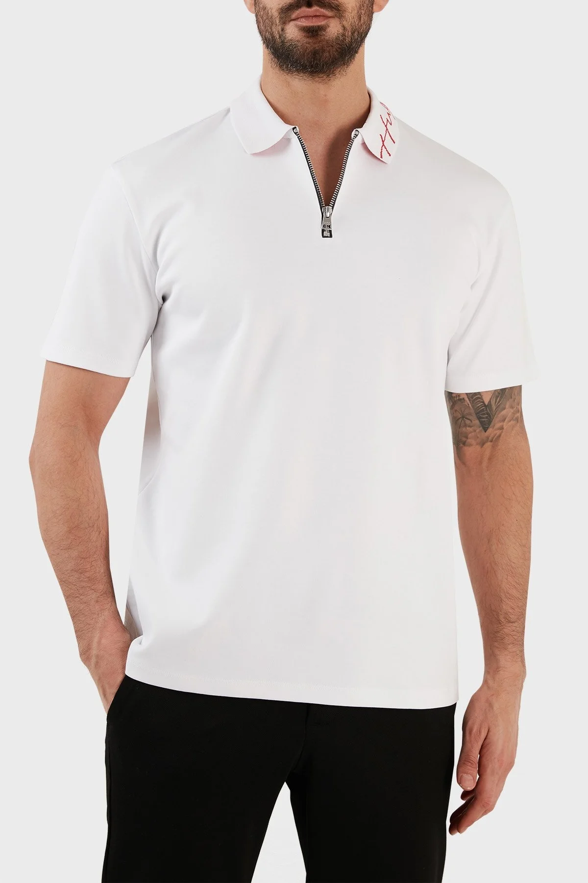 Hugo Yazılı İnterlok Pamuklu Fermuarlı Erkek Polo T Shirt 50483415 100 BEYAZ - 4