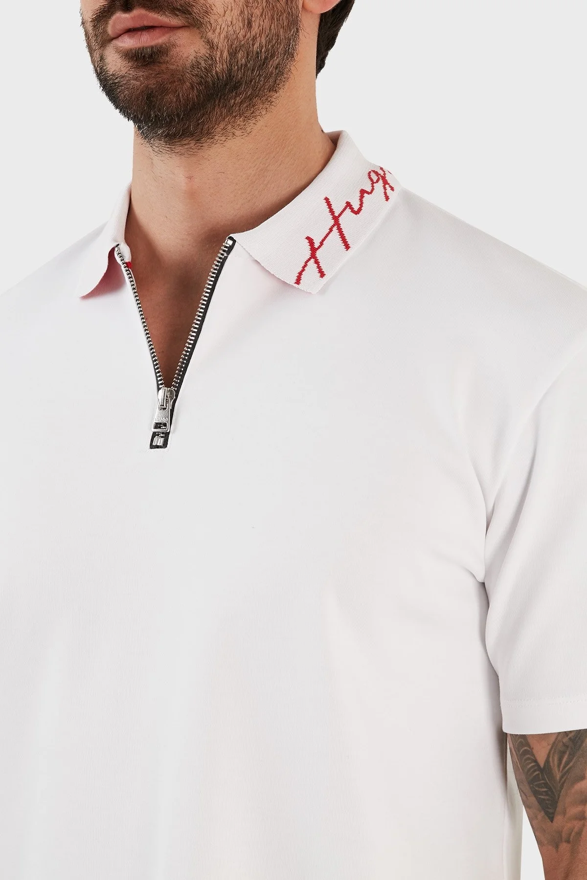 Hugo Yazılı İnterlok Pamuklu Fermuarlı Erkek Polo T Shirt 50483415 100 BEYAZ - 5