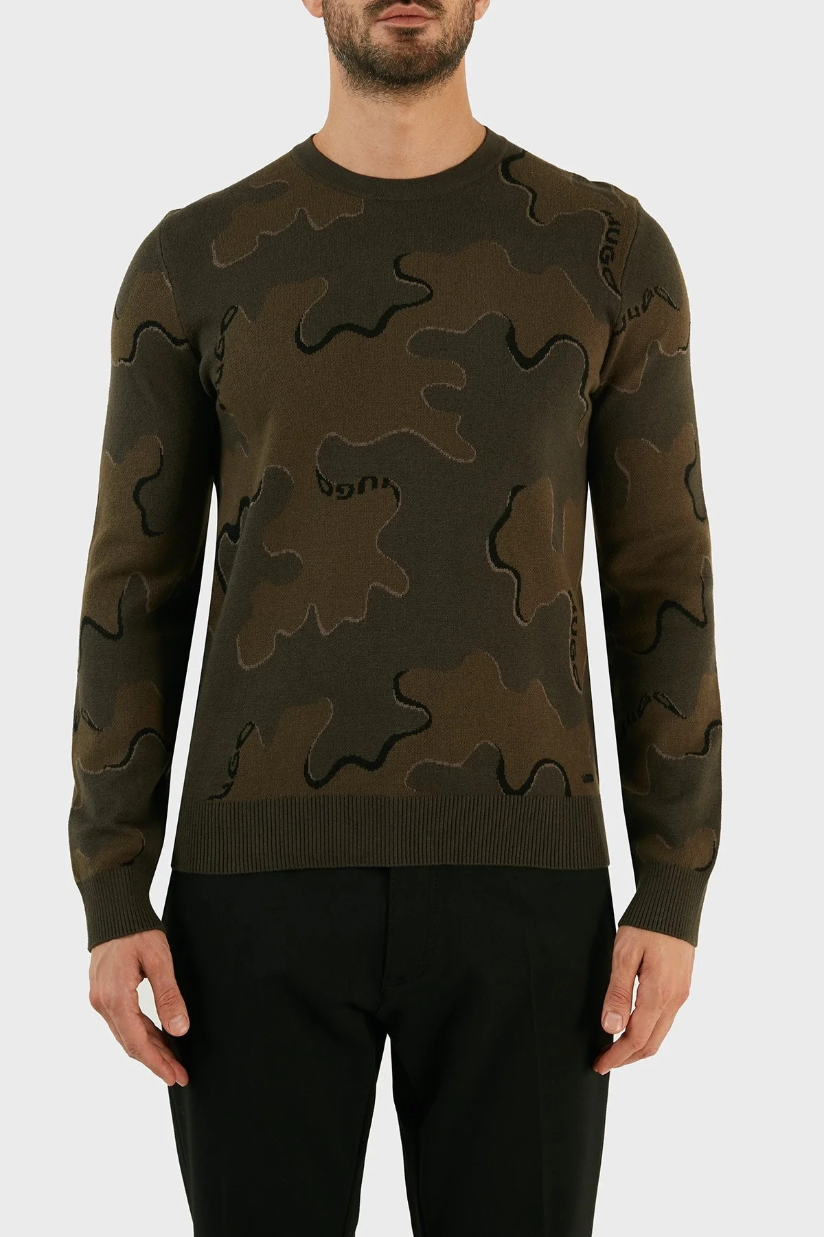 Hugo Yün Karışımlı Kamuflaj Desenli Regular Fit Erkek Kazak 50474821 303 HAKİ - 1