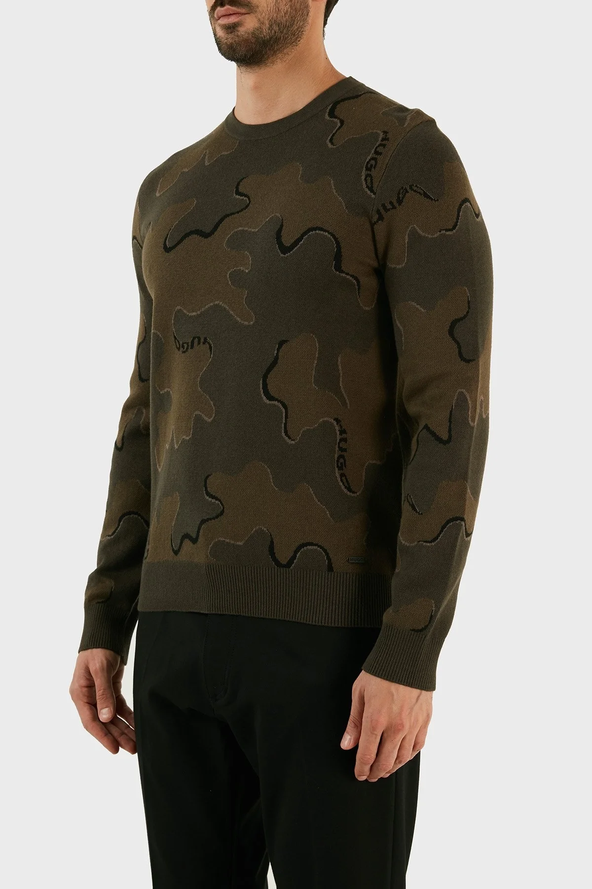 Hugo Yün Karışımlı Kamuflaj Desenli Regular Fit Erkek Kazak 50474821 303 HAKİ - 2