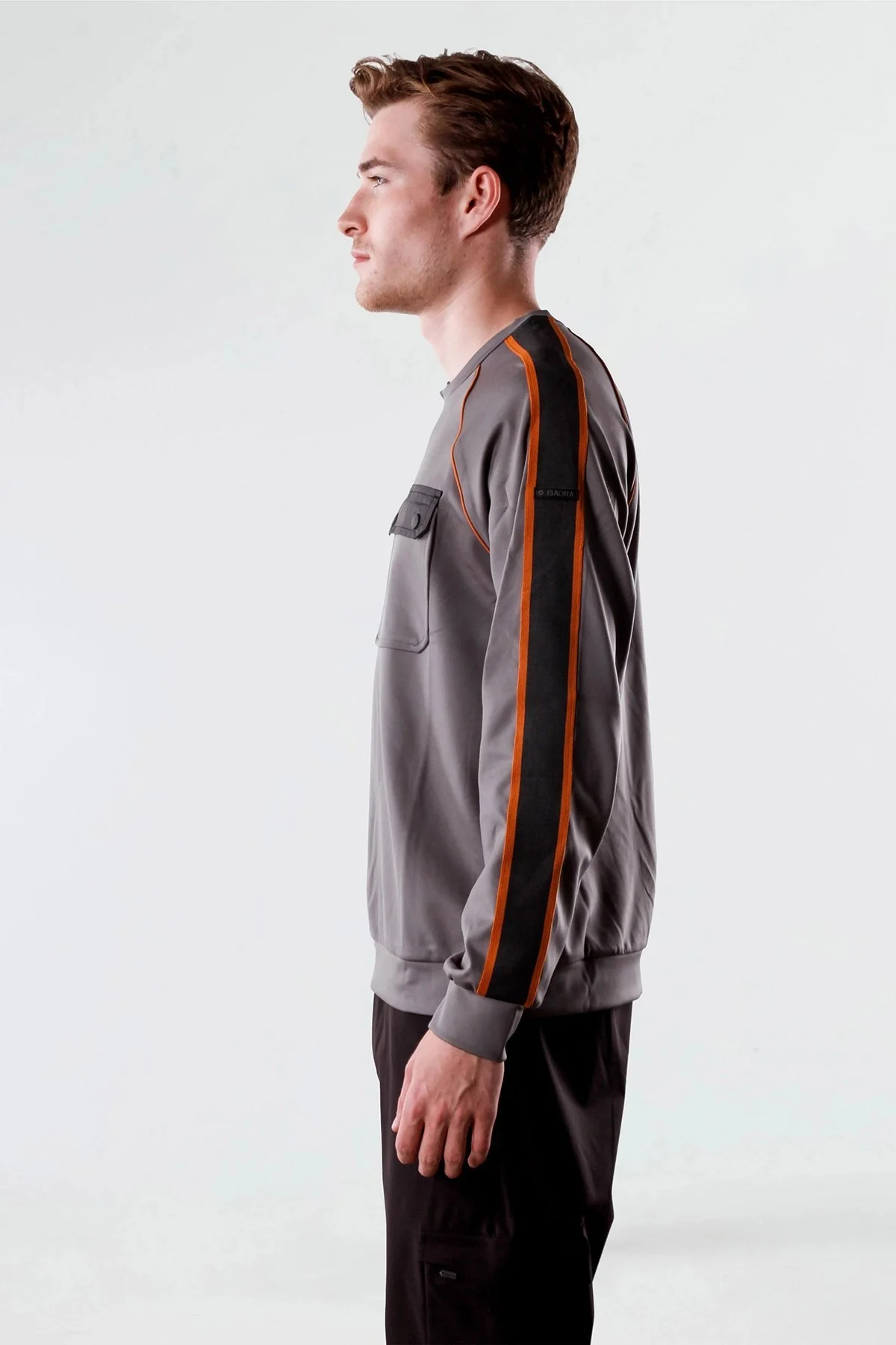 Isaora Şerit Detaylı Streç Relaxed Fit Göğüs Cepli Bisiklet Yaka Erkek Sweat M24S8102 NRD GRİ - 5