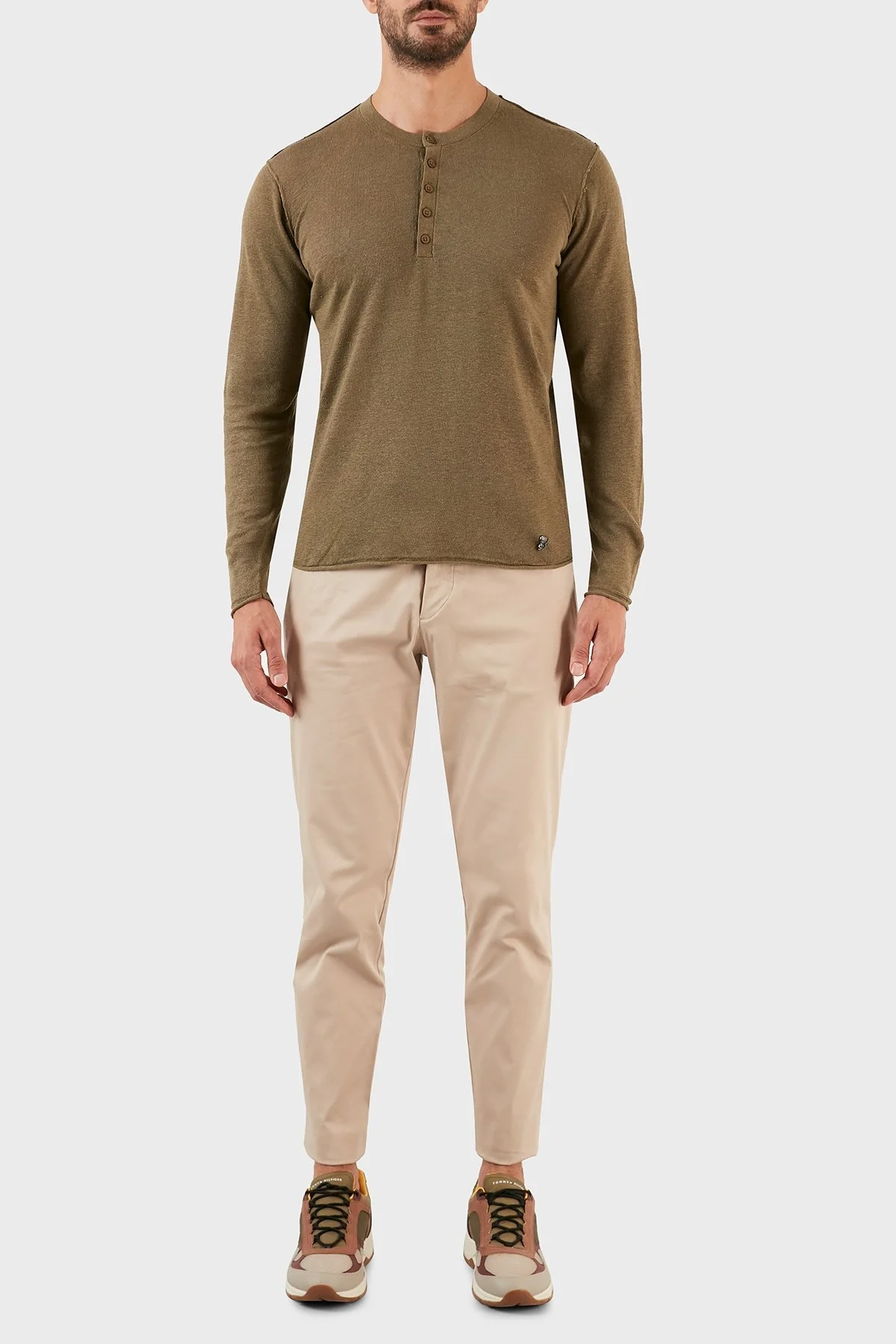 Karl Lagerfeld % 100 Keten Slim Fit Düğmeli Sıfır Yaka Triko Erkek Kazak 655045 0 521305 570 HAKİ - 11