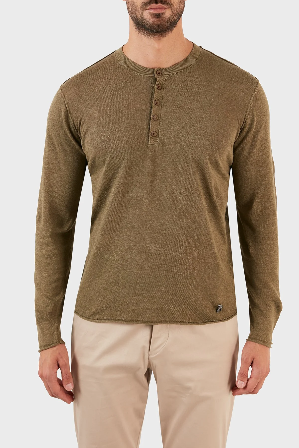 Karl Lagerfeld % 100 Keten Slim Fit Düğmeli Sıfır Yaka Triko Erkek Kazak 655045 0 521305 570 HAKİ - 1