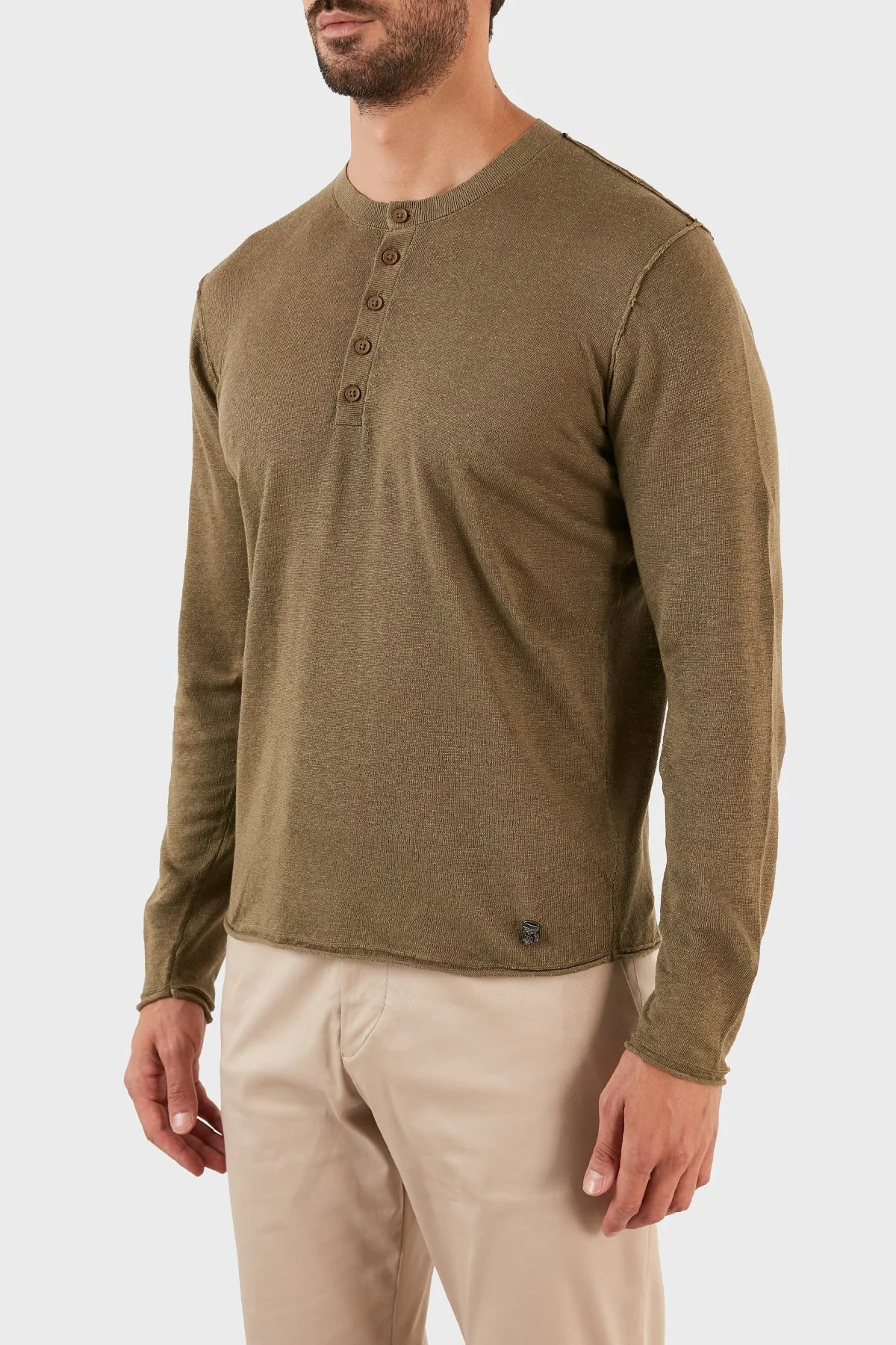 Karl Lagerfeld % 100 Keten Slim Fit Düğmeli Sıfır Yaka Triko Erkek Kazak 655045 0 521305 570 HAKİ - 3
