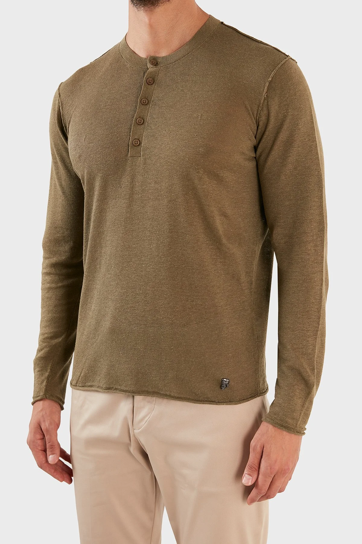 Karl Lagerfeld % 100 Keten Slim Fit Düğmeli Sıfır Yaka Triko Erkek Kazak 655045 0 521305 570 HAKİ - 4