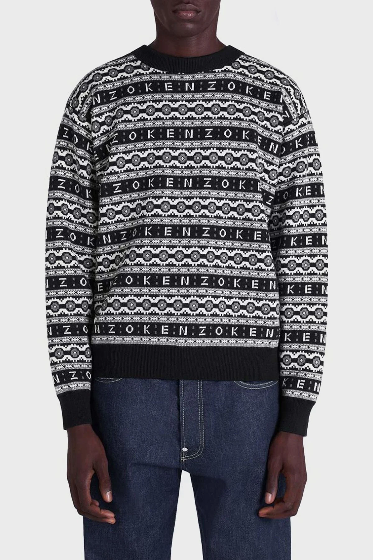 Kenzo % 100 Merinos Yünü Relaxed Fit Jakarlı Erkek Kazak FC65PU3213CJ99 SİYAH-BEYAZ - 1