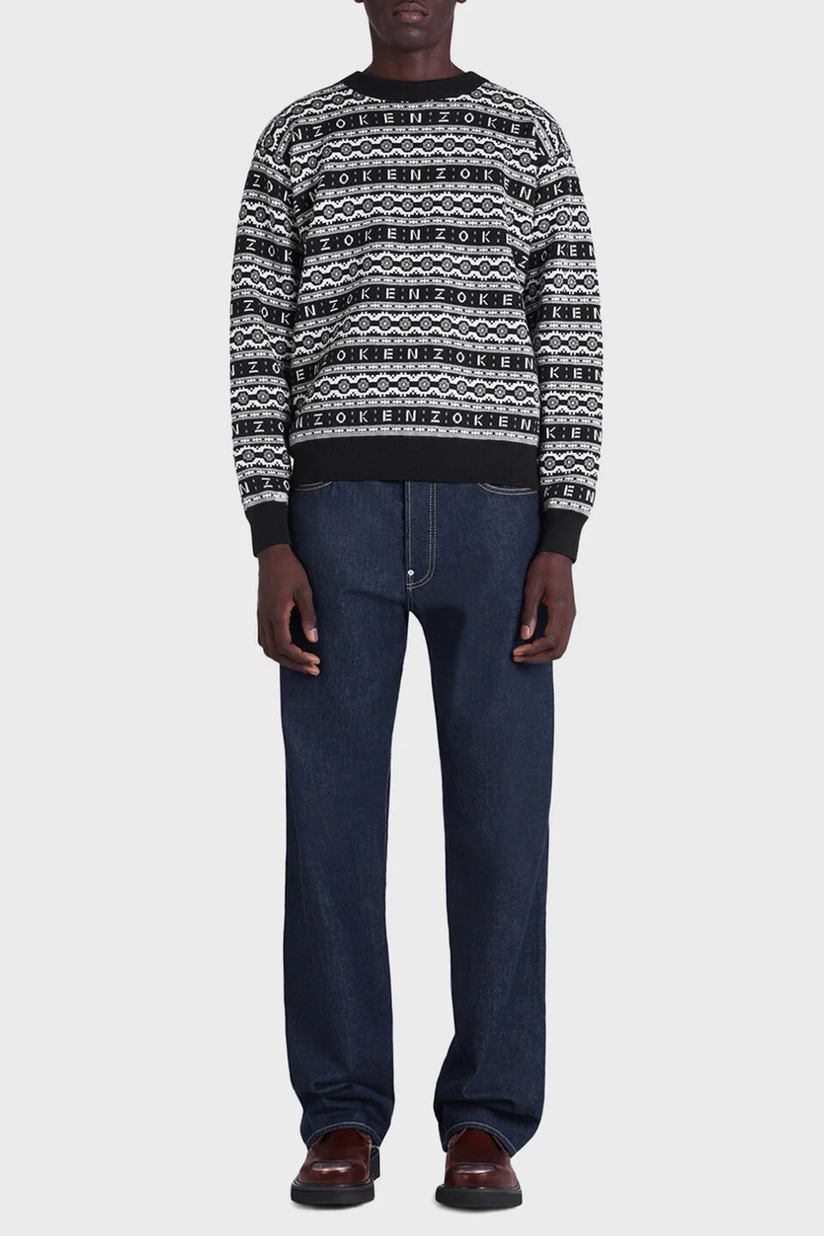 Kenzo % 100 Merinos Yünü Relaxed Fit Jakarlı Erkek Kazak FC65PU3213CJ99 SİYAH-BEYAZ - 2