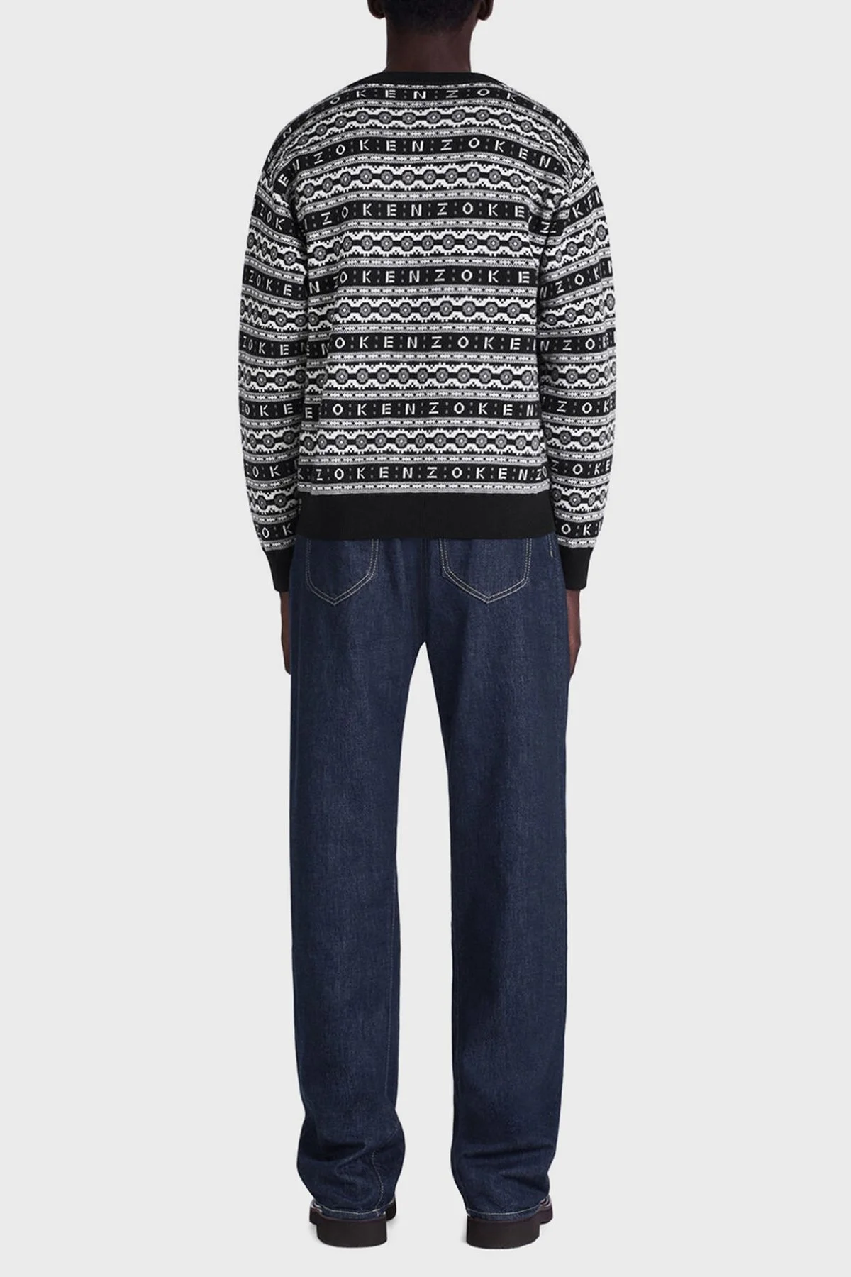 Kenzo % 100 Merinos Yünü Relaxed Fit Jakarlı Erkek Kazak FC65PU3213CJ99 SİYAH-BEYAZ - 3