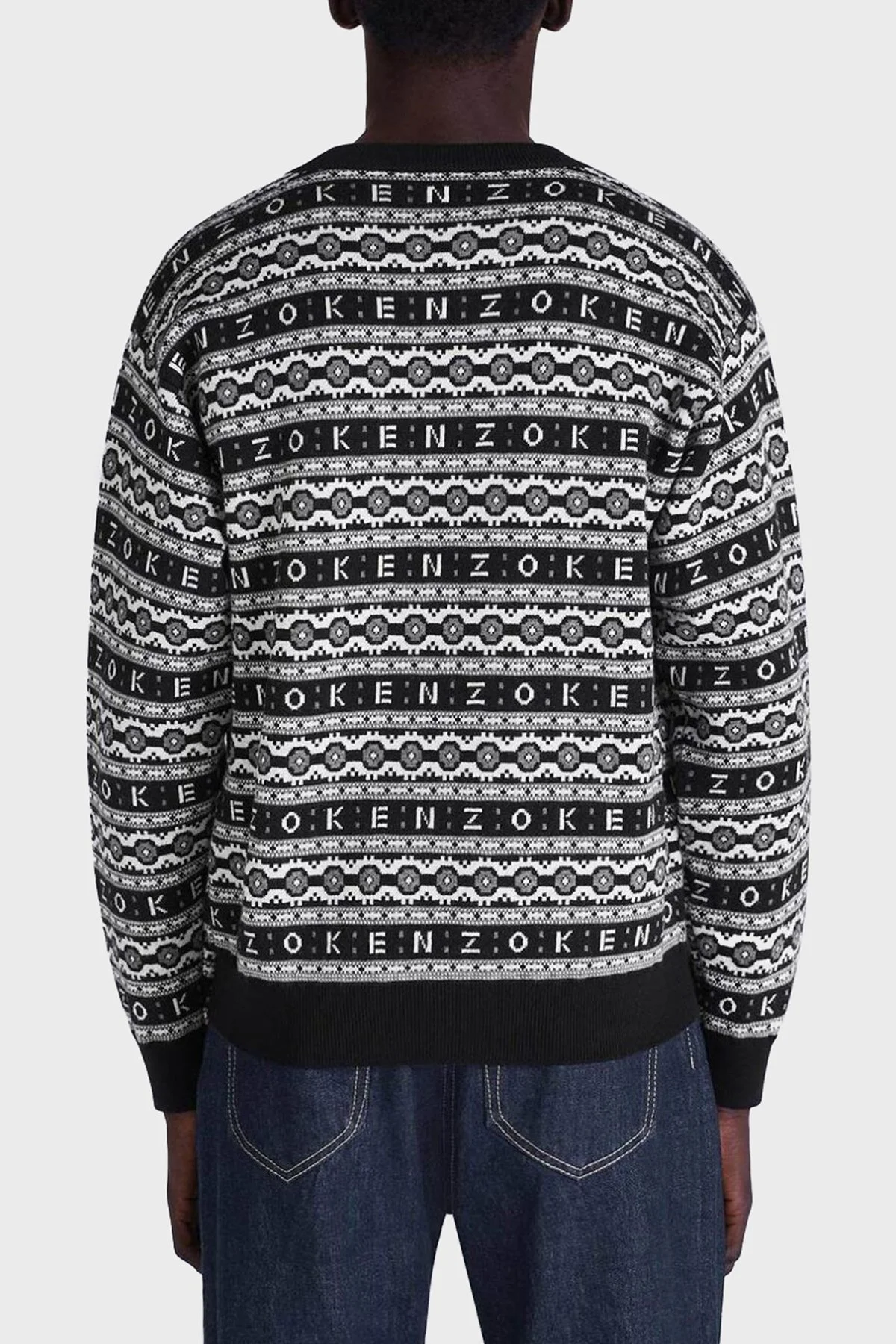 Kenzo % 100 Merinos Yünü Relaxed Fit Jakarlı Erkek Kazak FC65PU3213CJ99 SİYAH-BEYAZ - 4