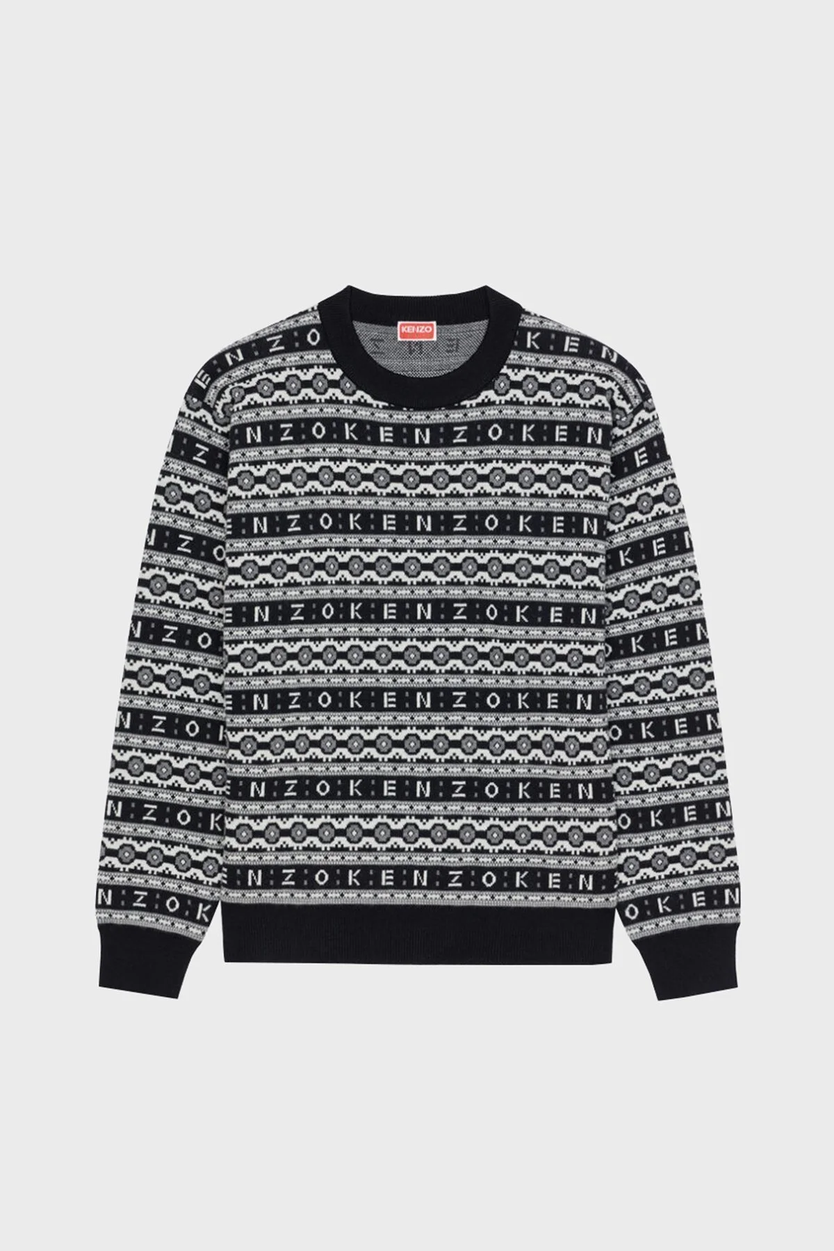 Kenzo % 100 Merinos Yünü Relaxed Fit Jakarlı Erkek Kazak FC65PU3213CJ99 SİYAH-BEYAZ - 5