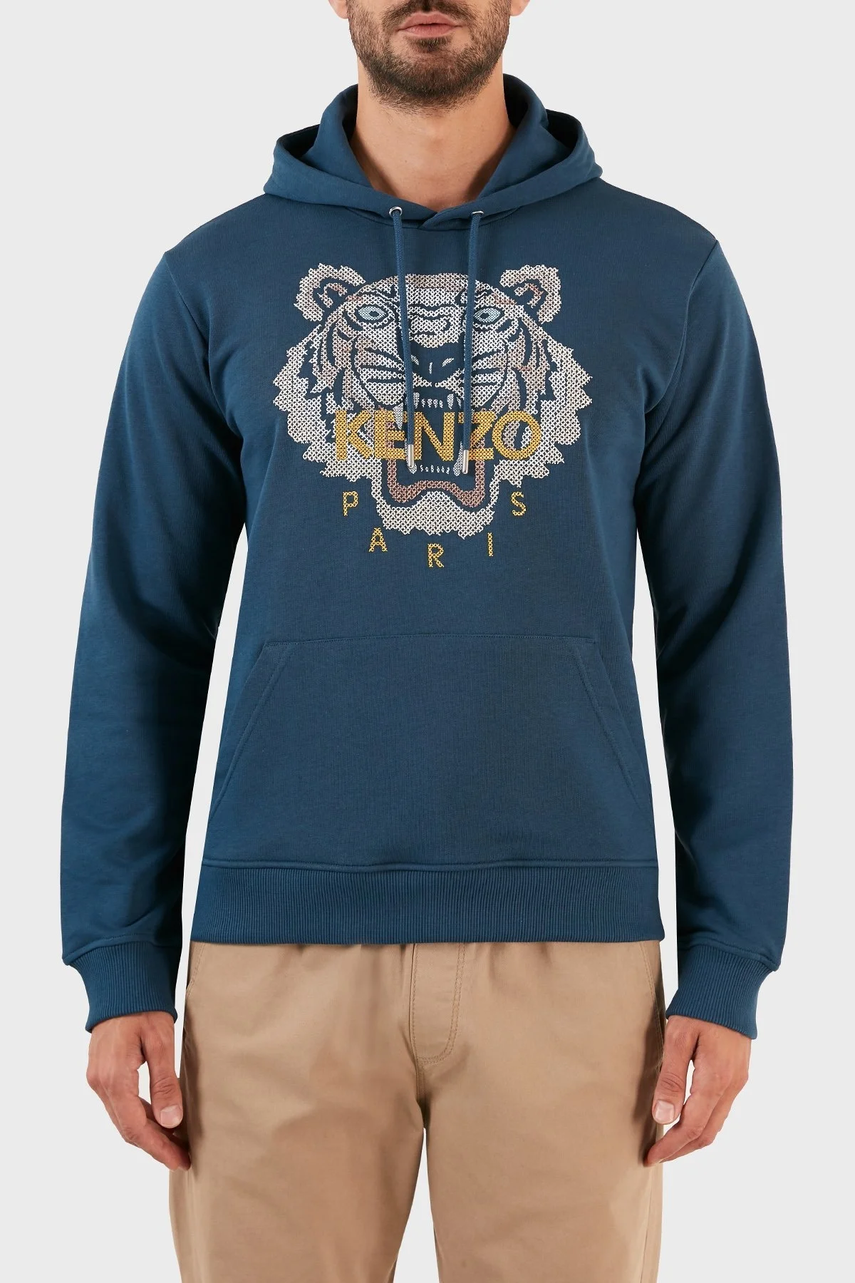 Kenzo % 100 Pamuk Tiger İşlemeli Kapüşonlu Kanguru Cepli Regular Fit Erkek Sweat FC6 5SW341 4XD 72 PETROL - 1