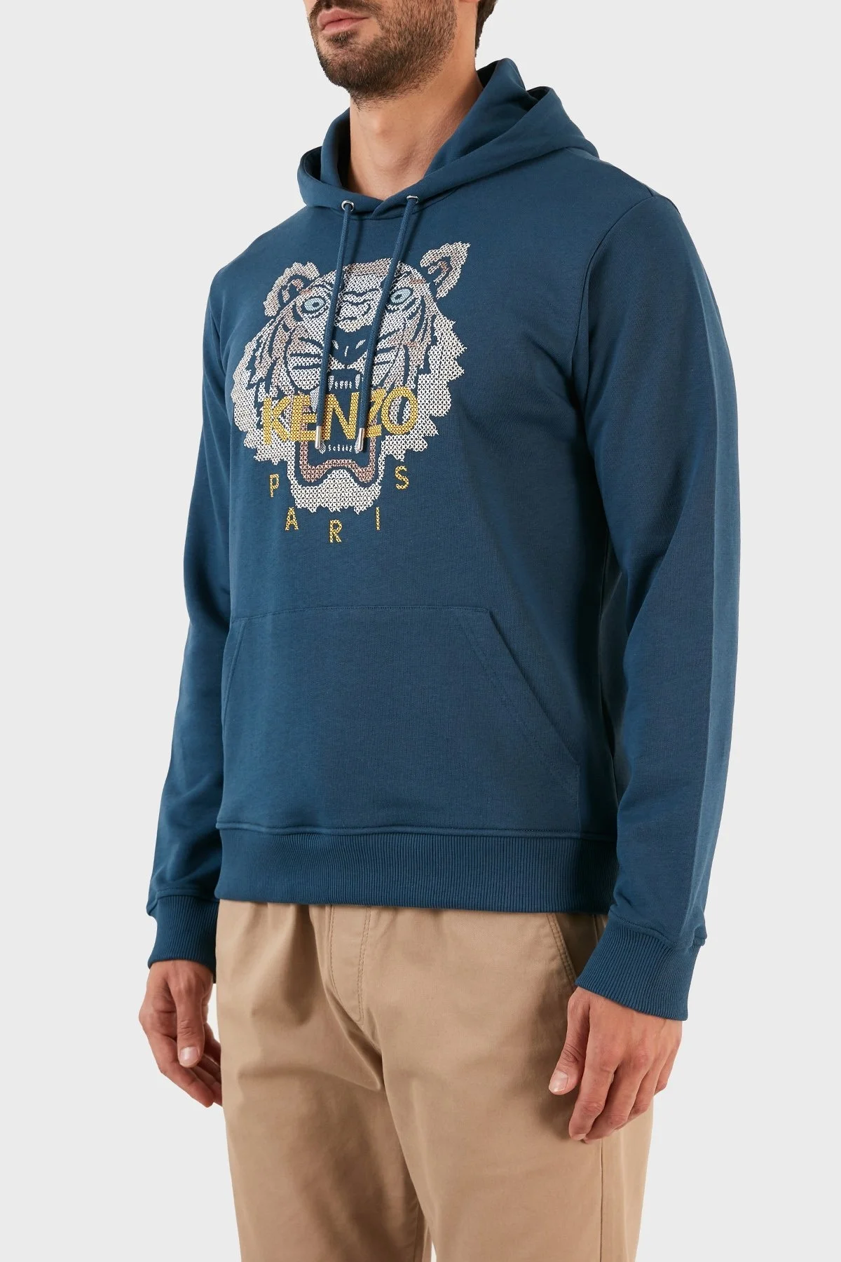 Kenzo % 100 Pamuk Tiger İşlemeli Kapüşonlu Kanguru Cepli Regular Fit Erkek Sweat FC6 5SW341 4XD 72 PETROL - 3