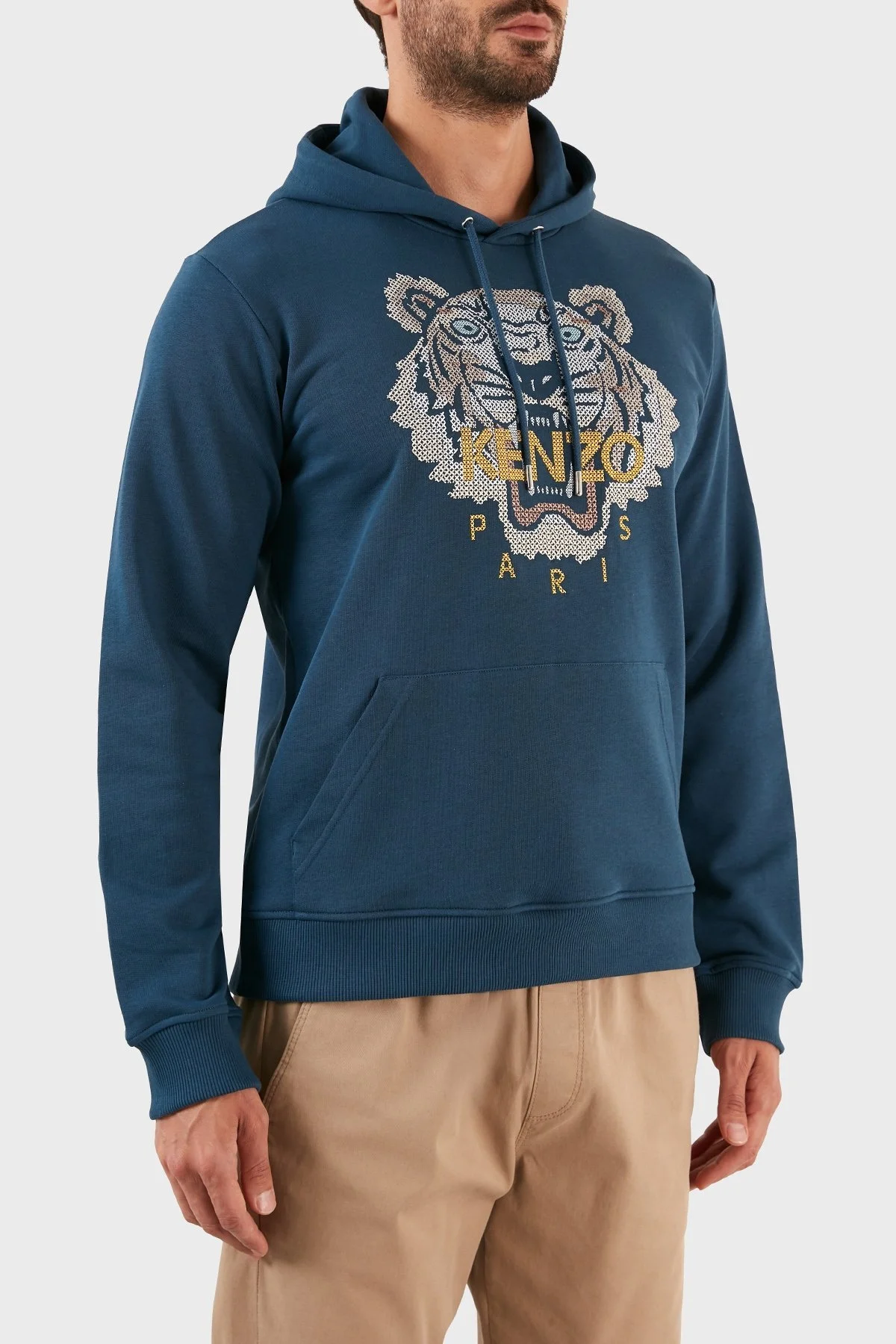 Kenzo % 100 Pamuk Tiger İşlemeli Kapüşonlu Kanguru Cepli Regular Fit Erkek Sweat FC6 5SW341 4XD 72 PETROL - 4