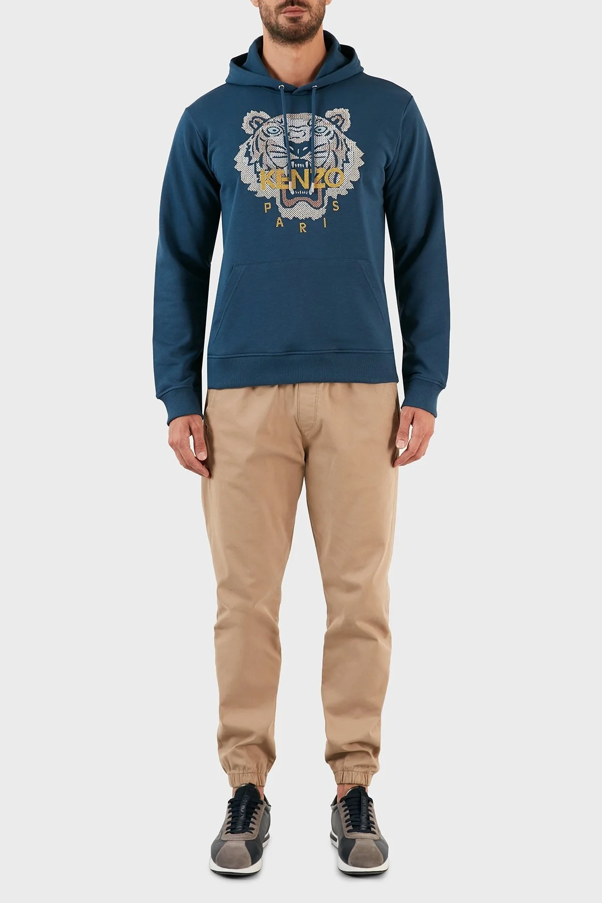 Kenzo % 100 Pamuk Tiger İşlemeli Kapüşonlu Kanguru Cepli Regular Fit Erkek Sweat FC6 5SW341 4XD 72 PETROL - 5